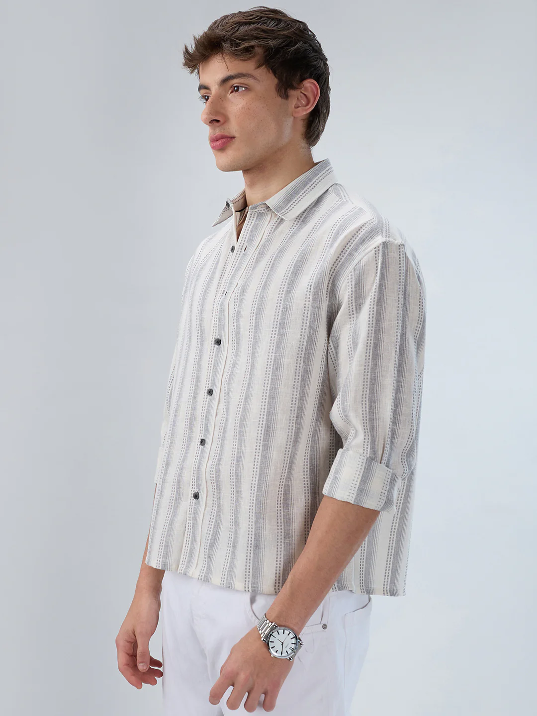 White & Grey Striped Precision-Weave Shirt - Image 6