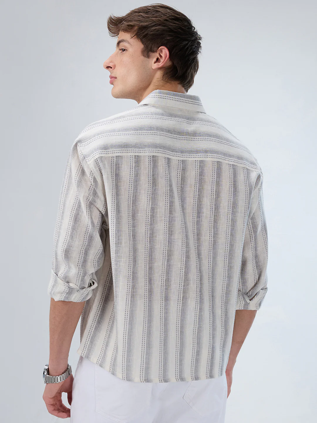 White & Grey Striped Precision-Weave Shirt - Image 7