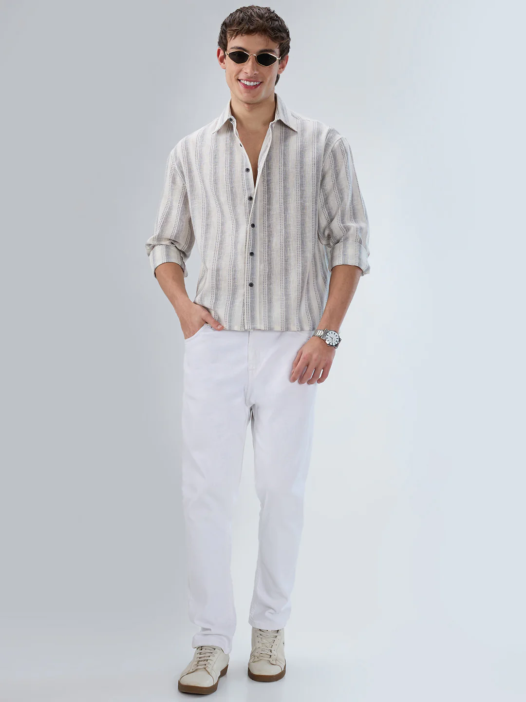 White & Grey Striped Precision-Weave Shirt - Image 8
