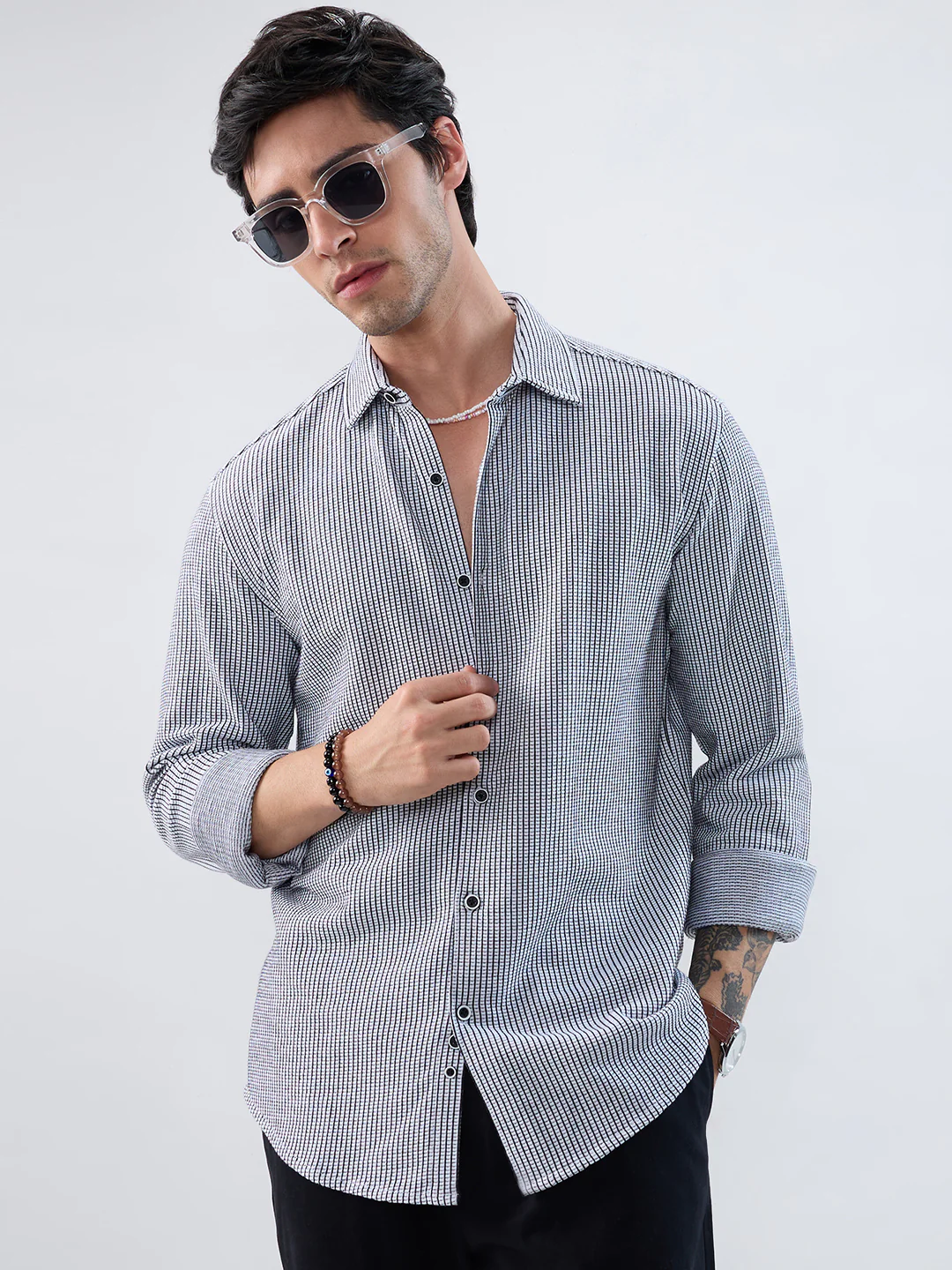 White Grid Textured Knitted Shirt - Image 2