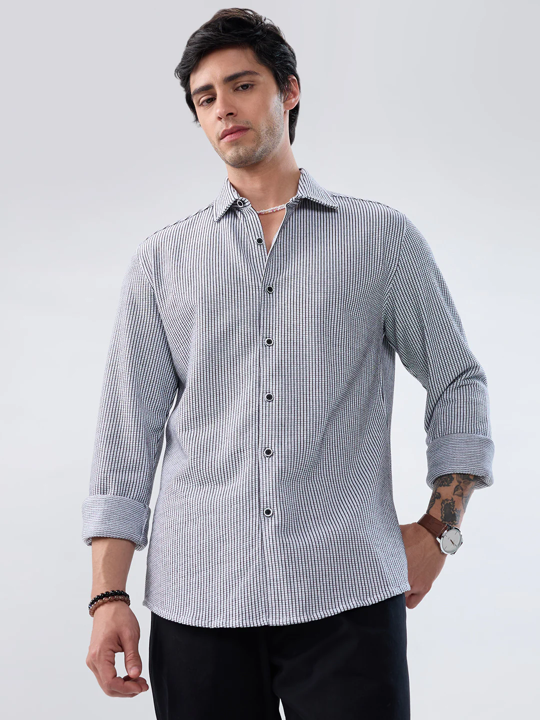 White Grid Textured Knitted Shirt - Image 5