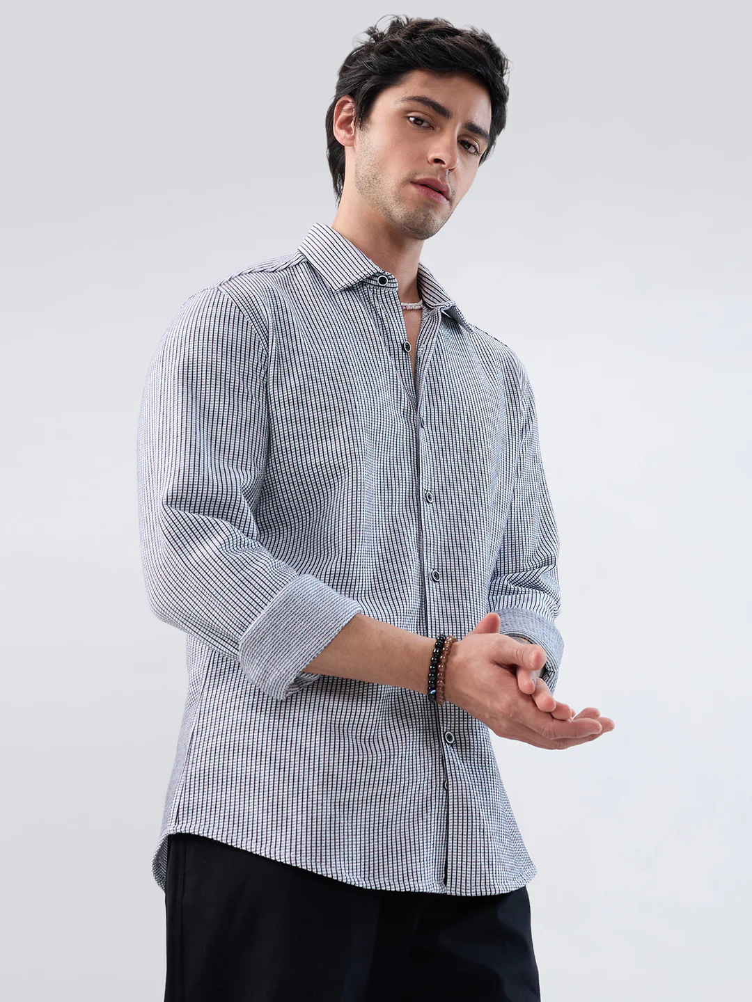 White Grid Textured Knitted Shirt - Image 6