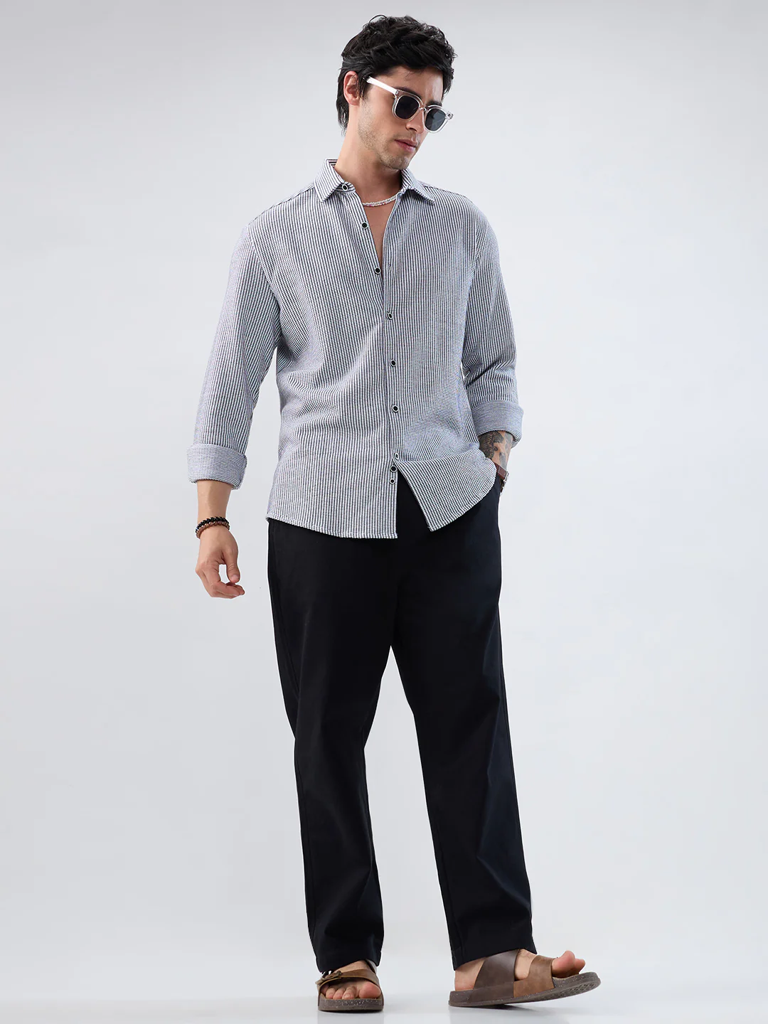 White Grid Textured Knitted Shirt - Image 8