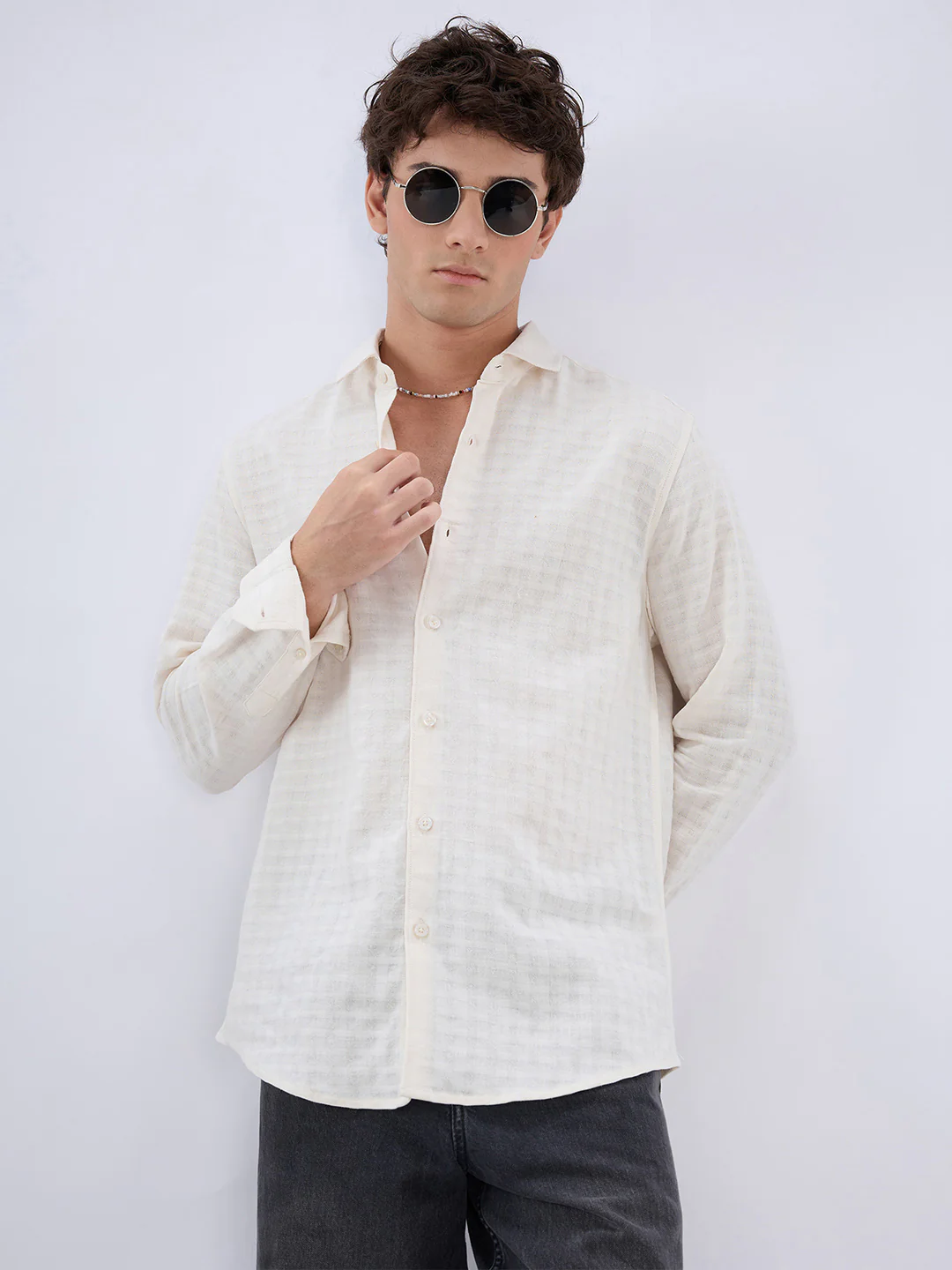 White Horizontal Striped Textured Shirt