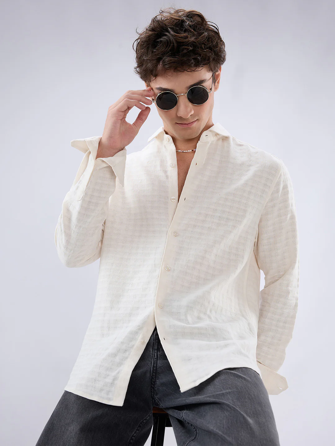 White Horizontal Striped Textured Shirt - Image 2