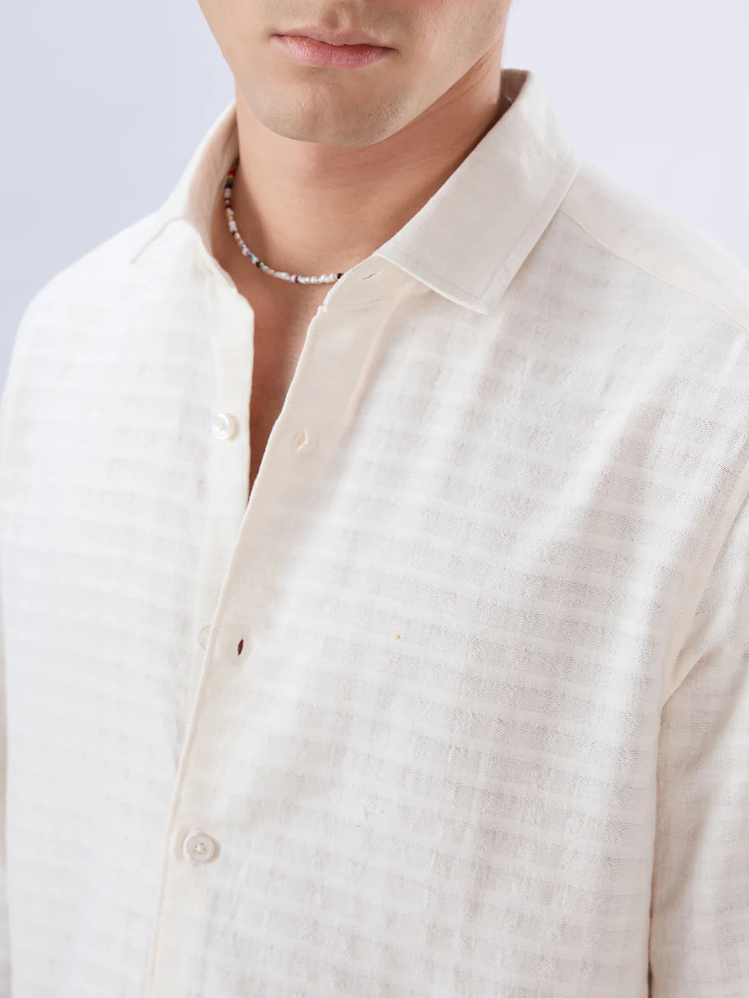 White Horizontal Striped Textured Shirt - Image 3