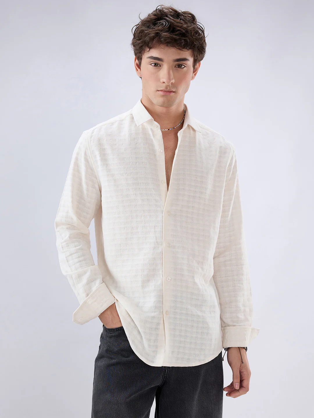 White Horizontal Striped Textured Shirt - Image 5