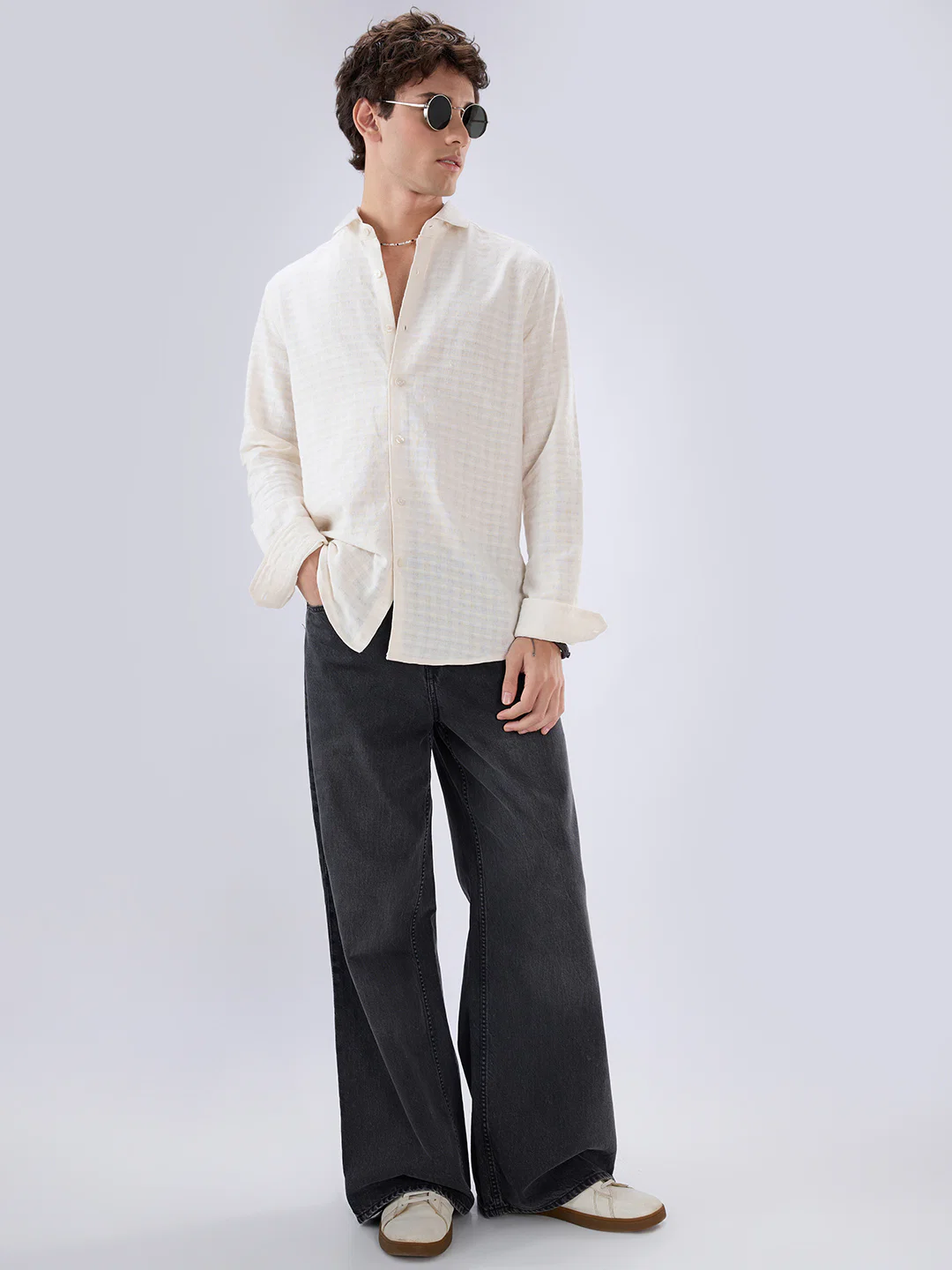 White Horizontal Striped Textured Shirt - Image 8