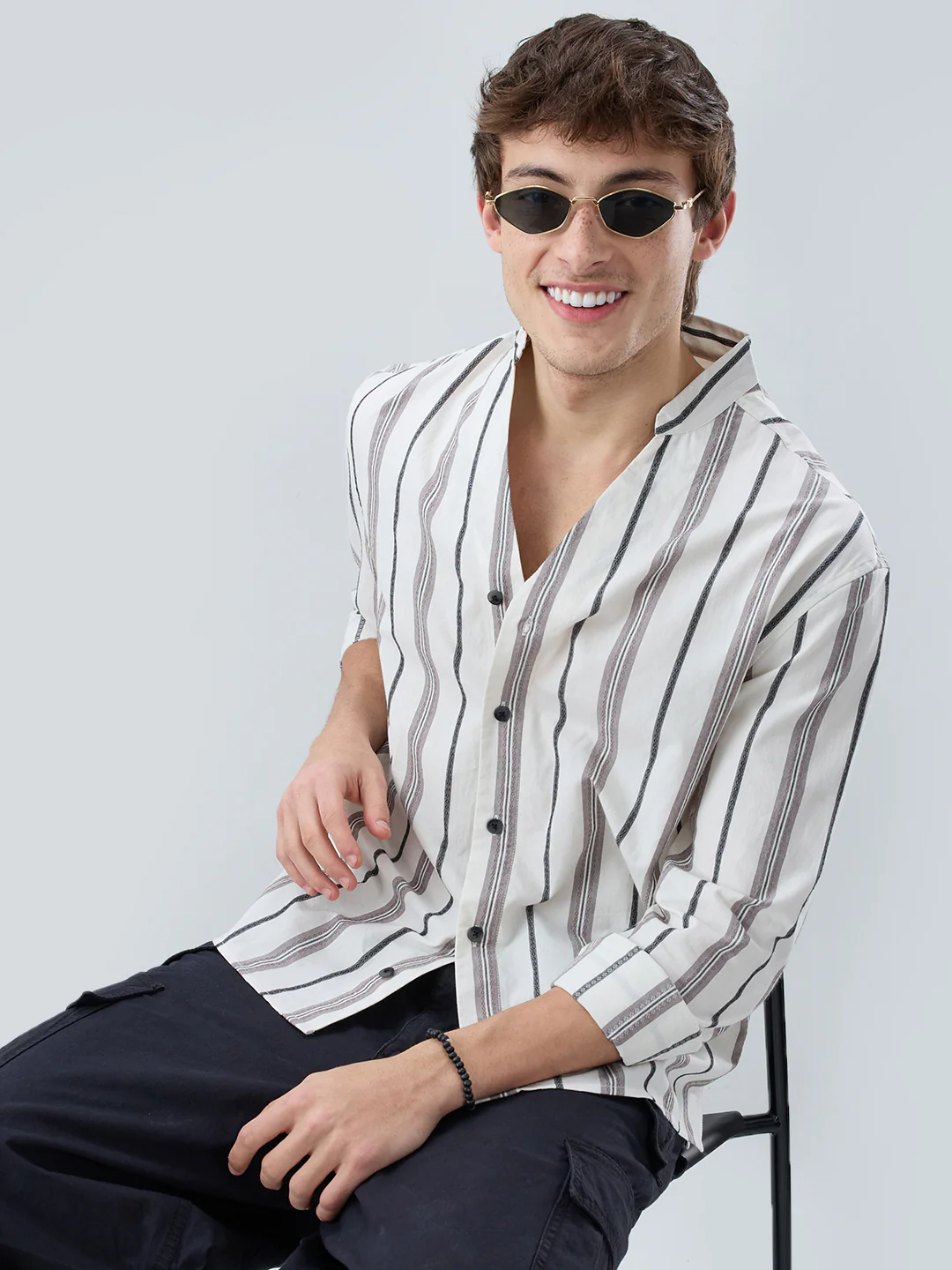 White Intricate Motif Contrast Striped Stand Collar Oversized Shirt - Image 2