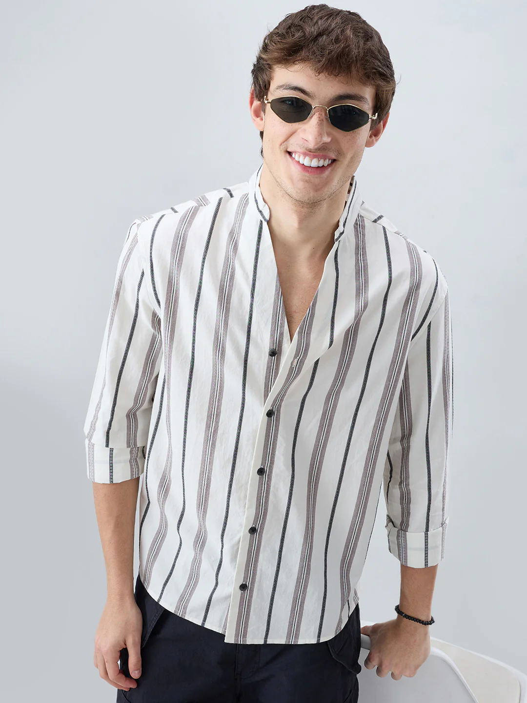 White Intricate Motif Contrast Striped Stand Collar Oversized Shirt - Image 4