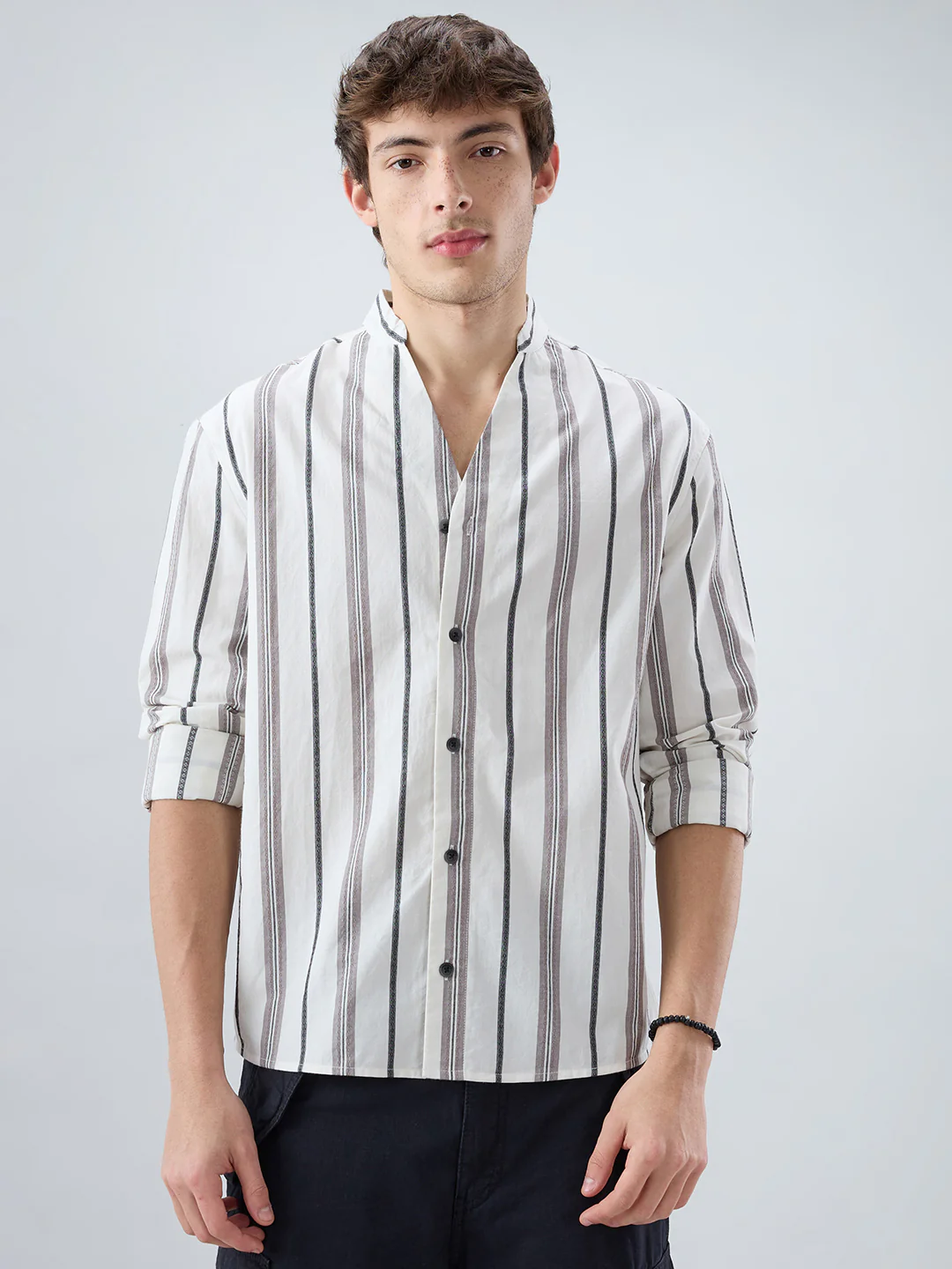 White Intricate Motif Contrast Striped Stand Collar Oversized Shirt - Image 5