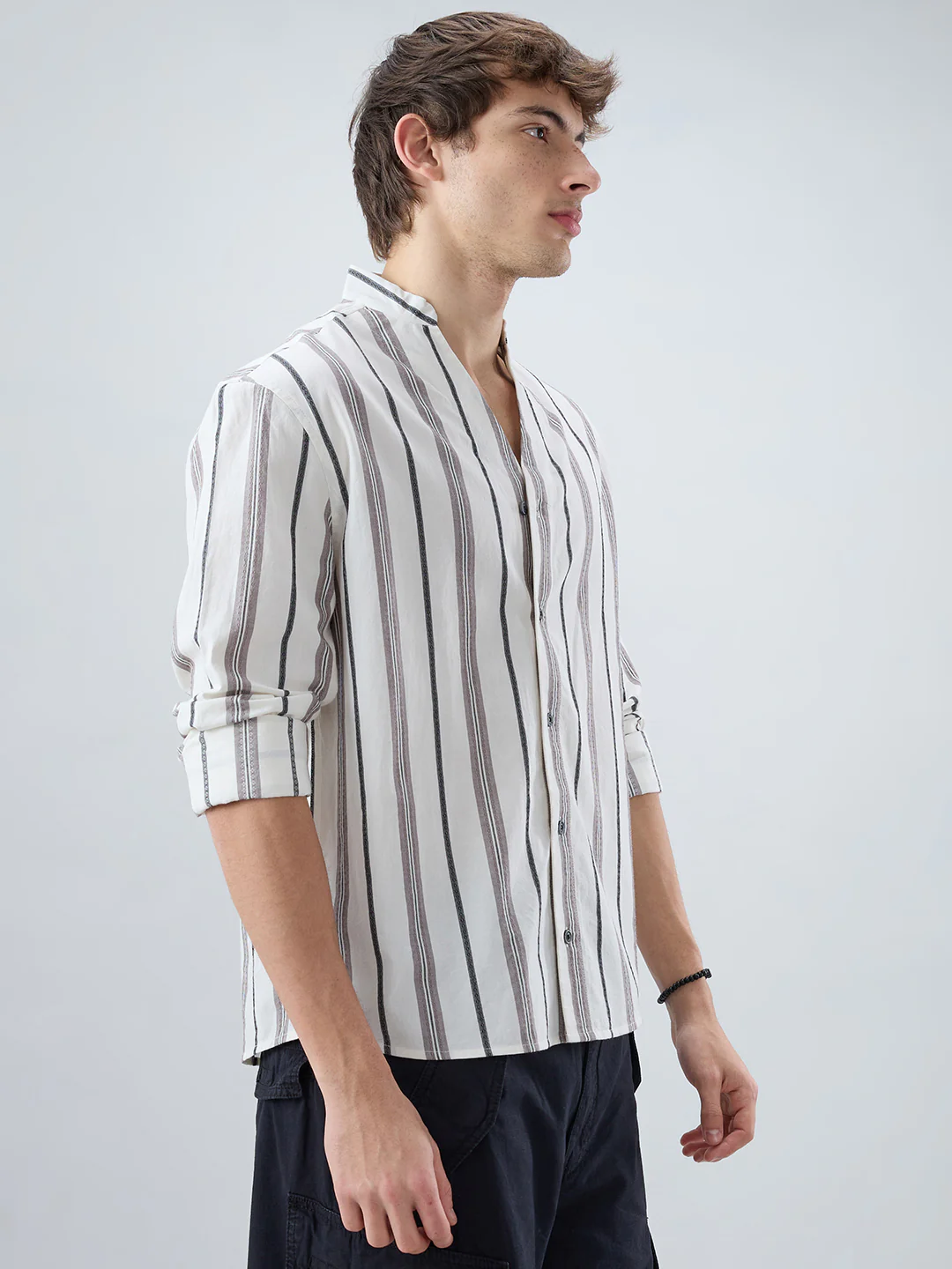 White Intricate Motif Contrast Striped Stand Collar Oversized Shirt - Image 6