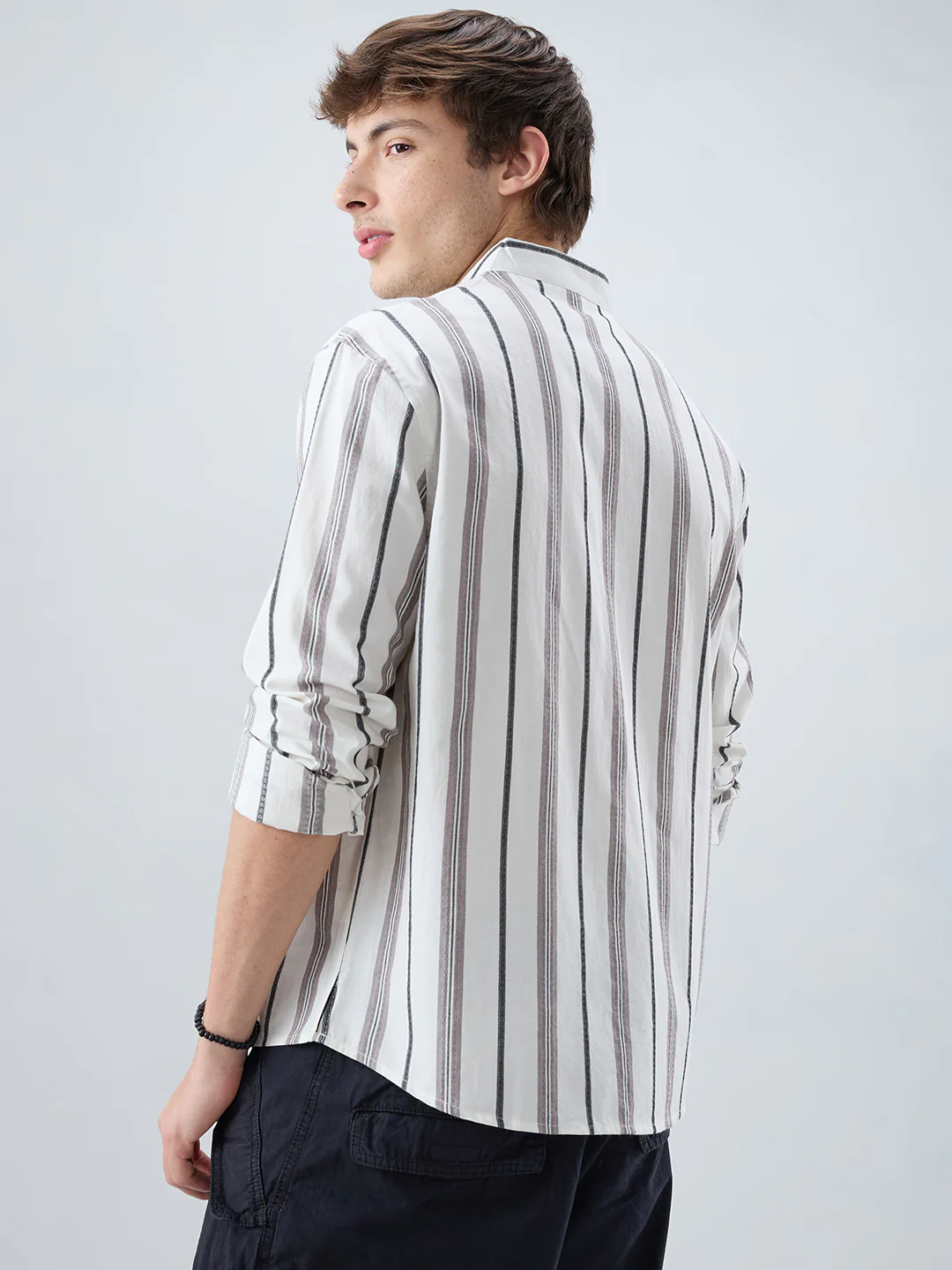 White Intricate Motif Contrast Striped Stand Collar Oversized Shirt - Image 7