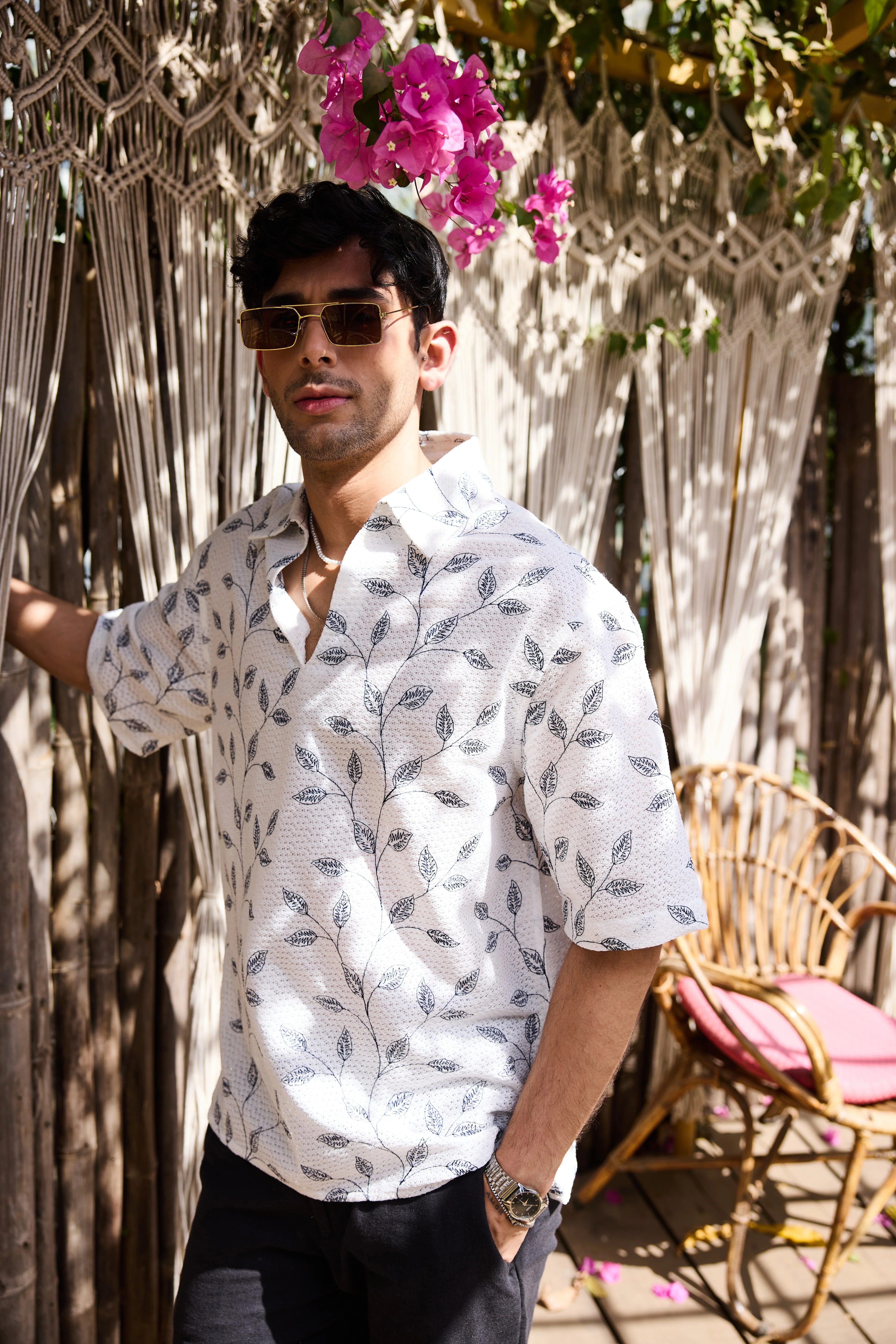 White Leaf Embroidered Crochet Oversized Polo Shirt - Image 3