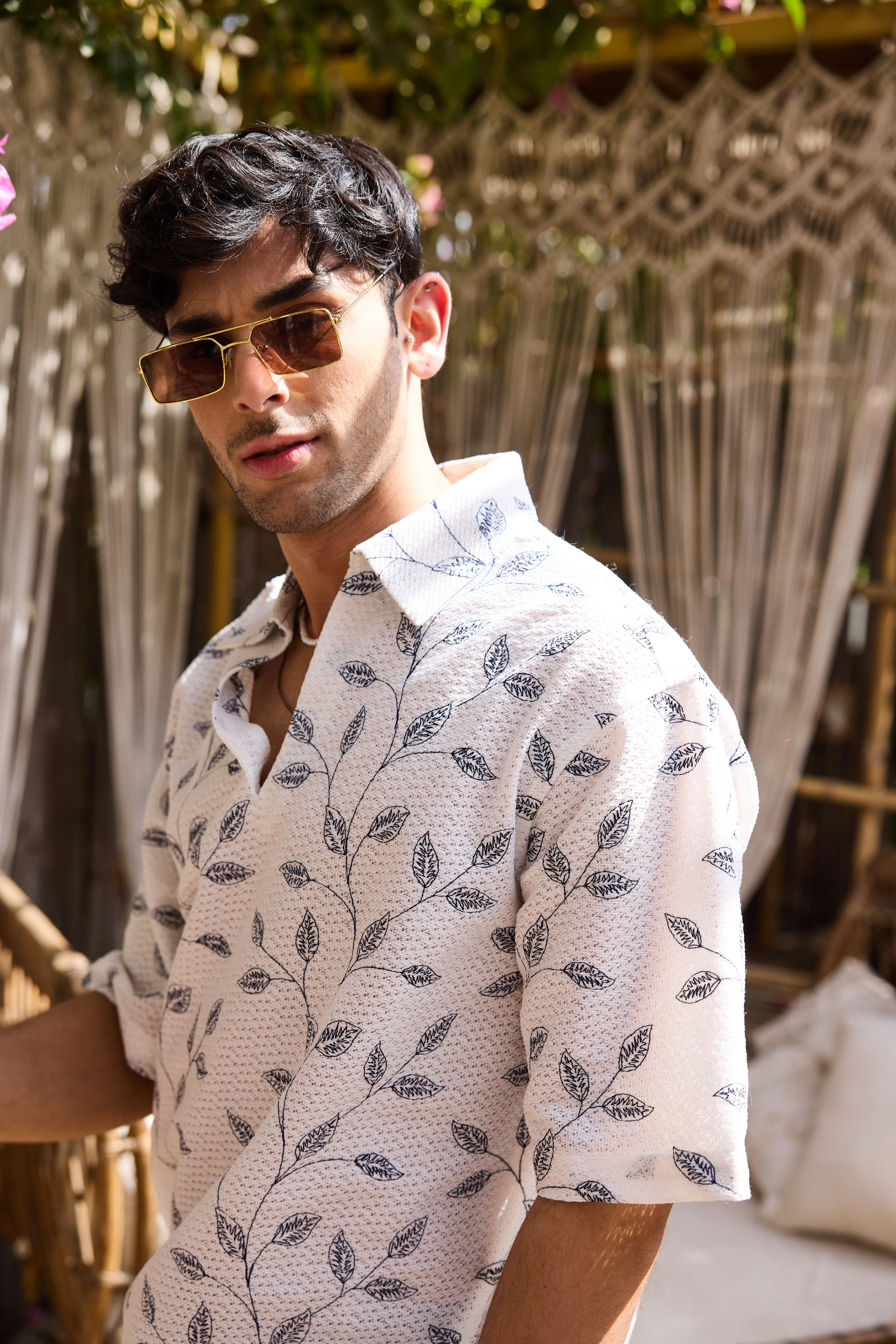 White Leaf Embroidered Crochet Oversized Polo Shirt - Image 4