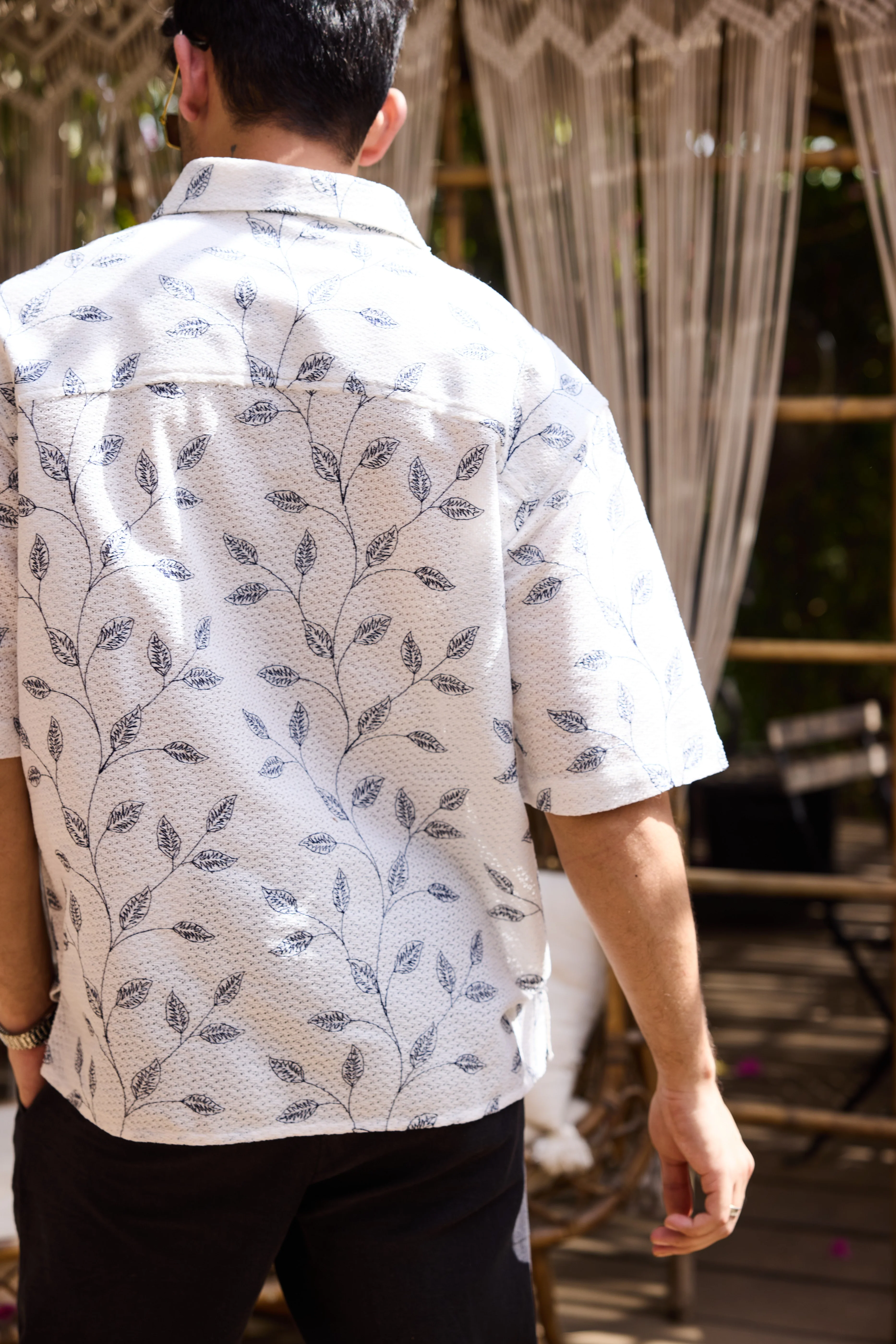 White Leaf Embroidered Crochet Oversized Polo Shirt - Image 5