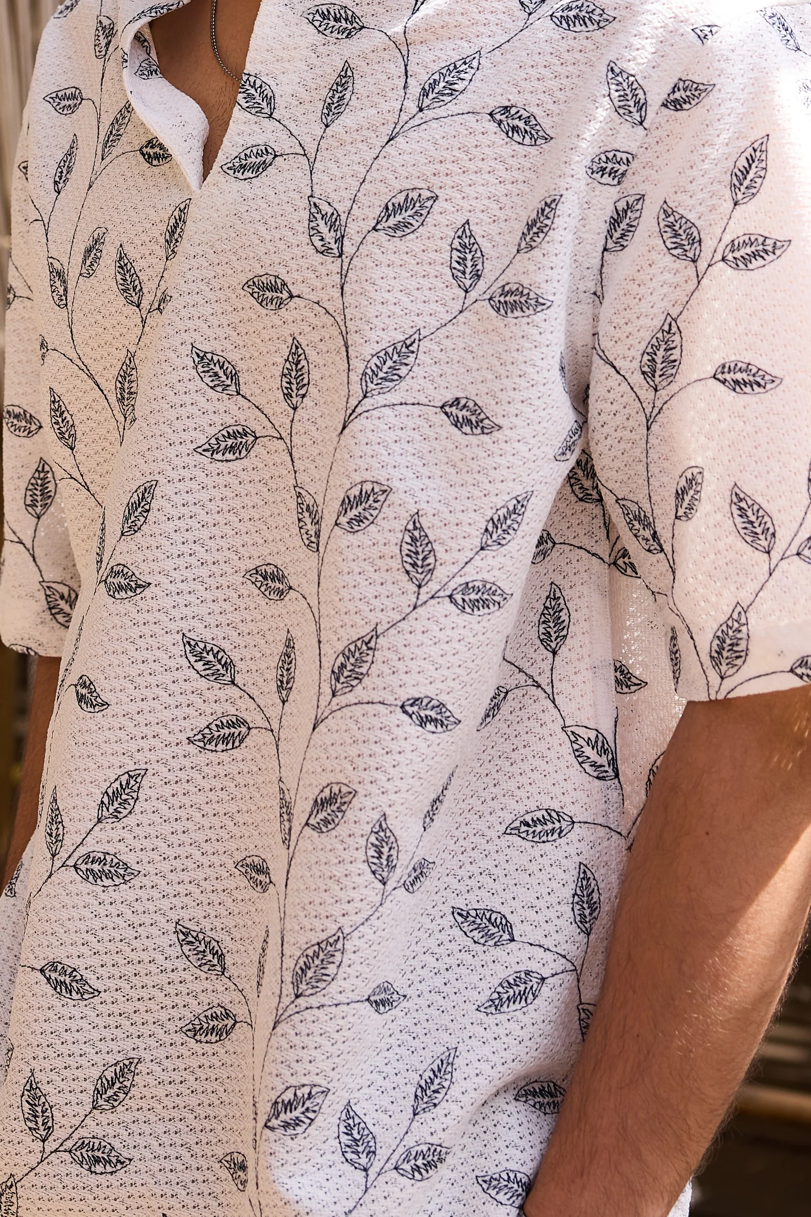 White Leaf Embroidered Crochet Oversized Polo Shirt - Image 7
