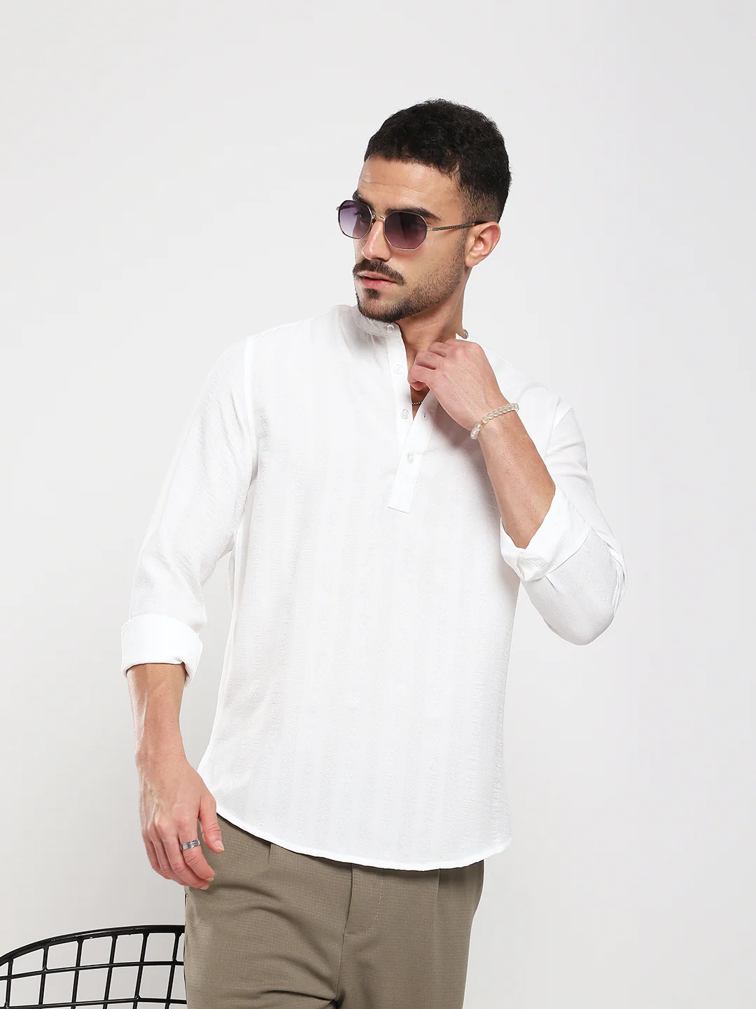 White Minimalist Jacquard Striped Kurta - Image 2