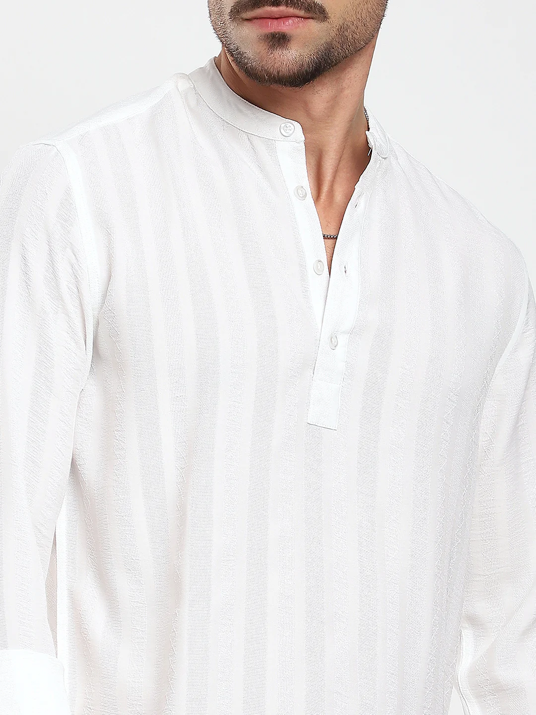 White Minimalist Jacquard Striped Kurta - Image 3