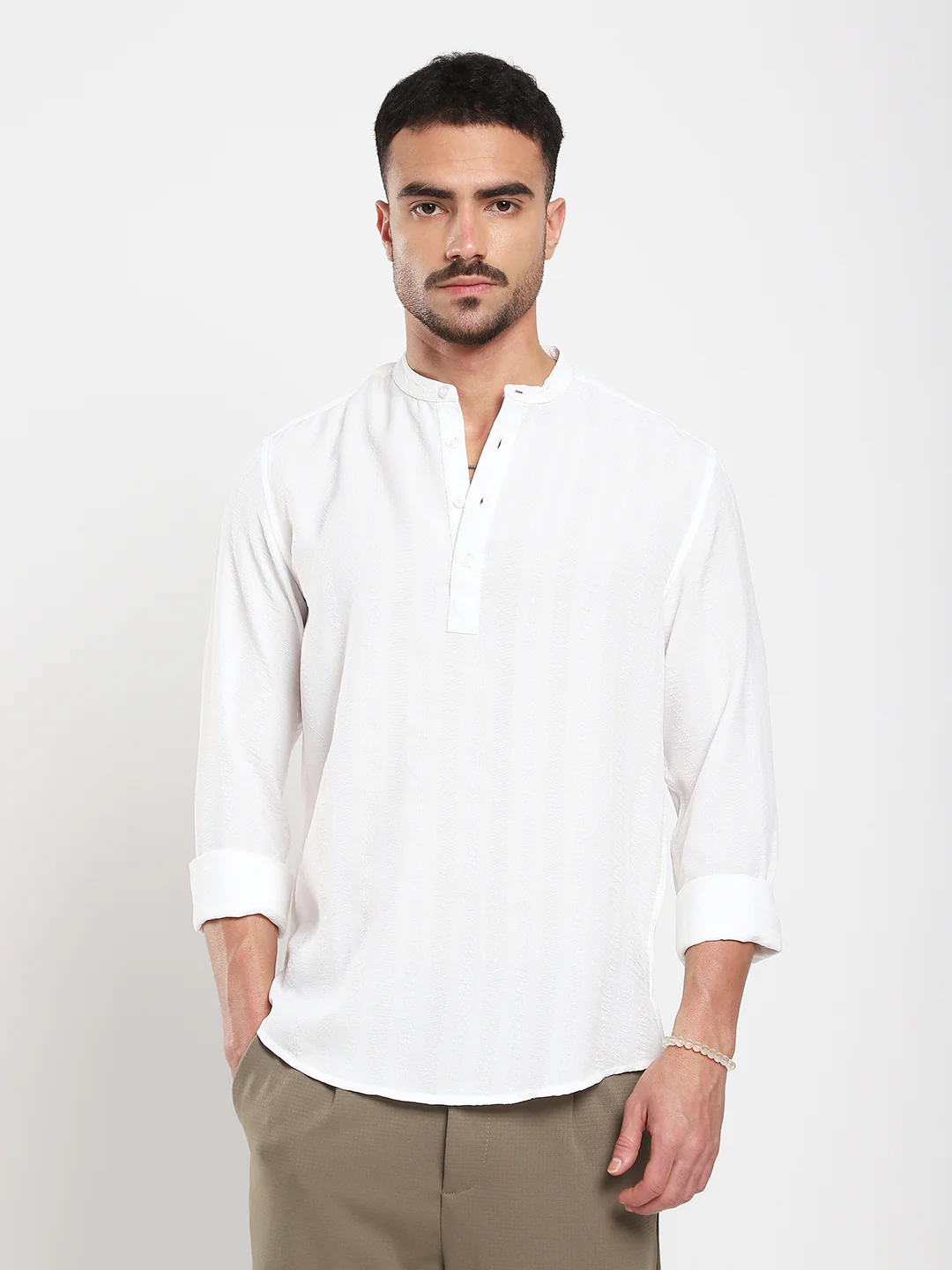 White Minimalist Jacquard Striped Kurta - Image 4