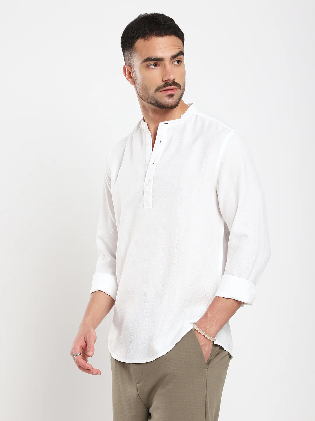 White Minimalist Jacquard Striped Kurta - Image 5