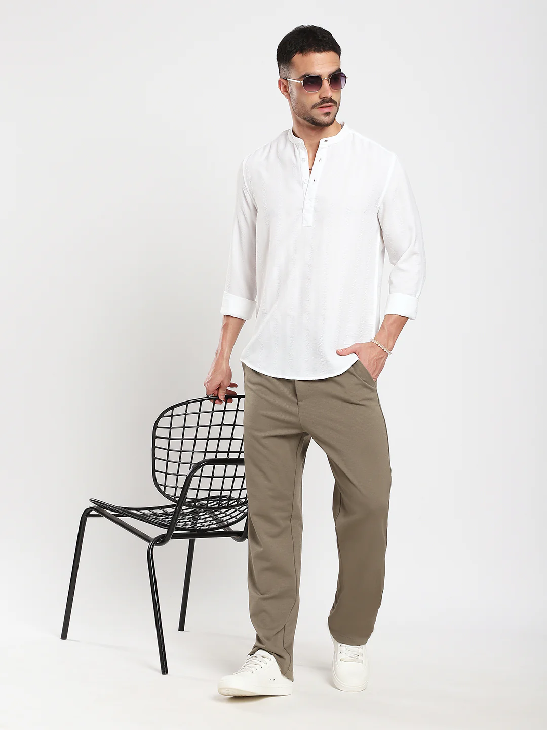 White Minimalist Jacquard Striped Kurta - Image 7