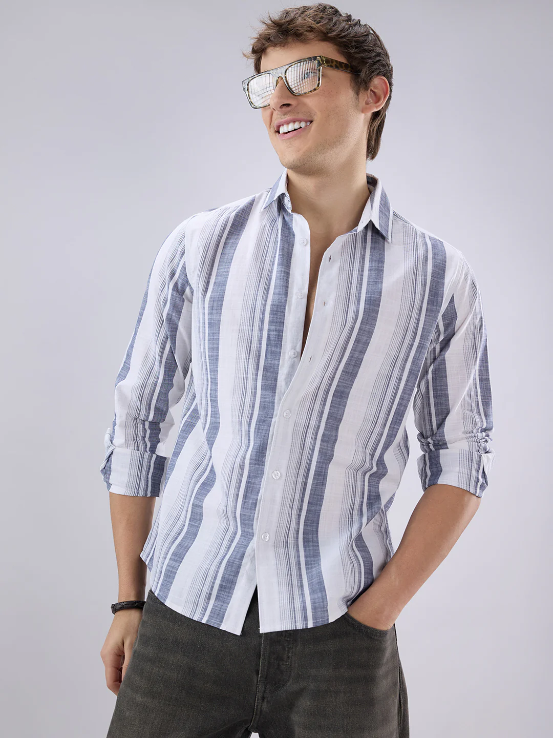 White & Navy Broad Striped Shirt - Image 4