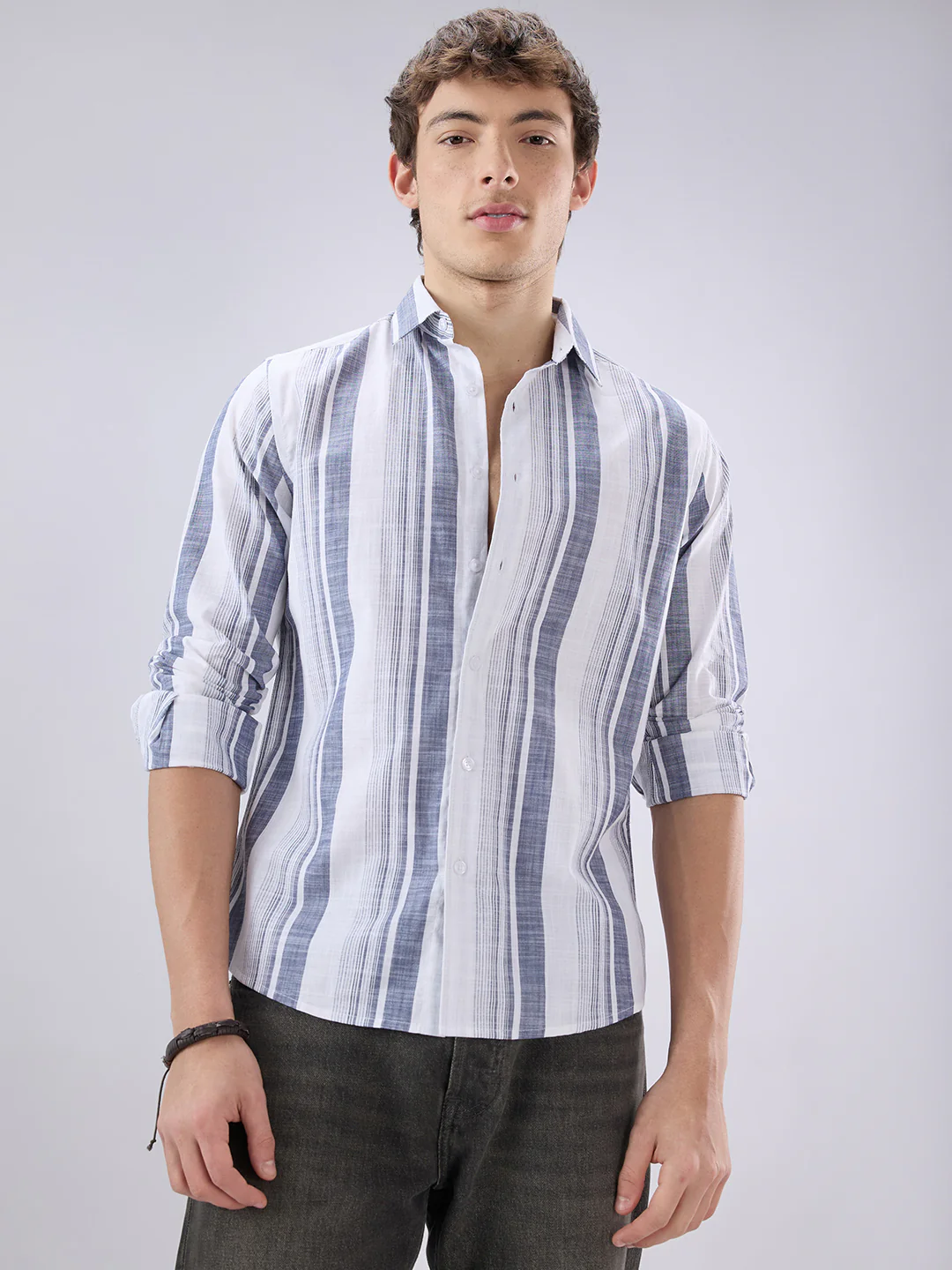 White & Navy Broad Striped Shirt - Image 5