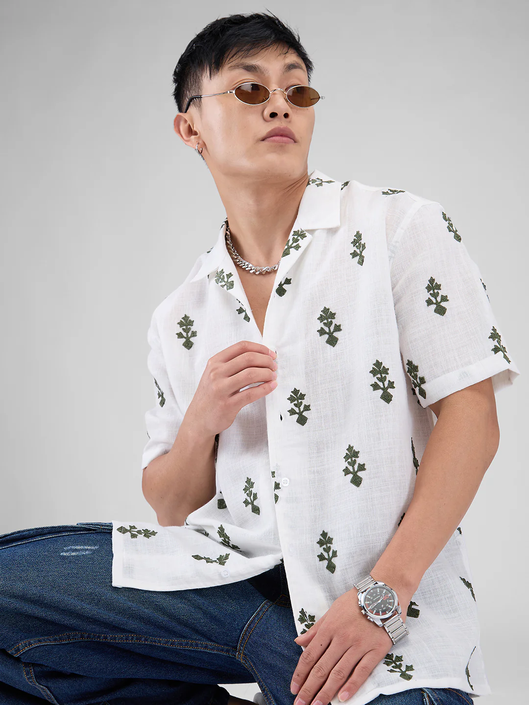 White & Olive Embroidered Notch Collar Oversized Shirt - Image 2