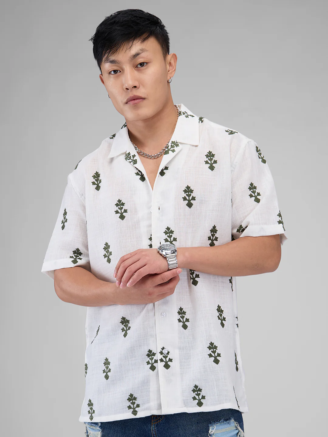 White & Olive Embroidered Notch Collar Oversized Shirt - Image 5