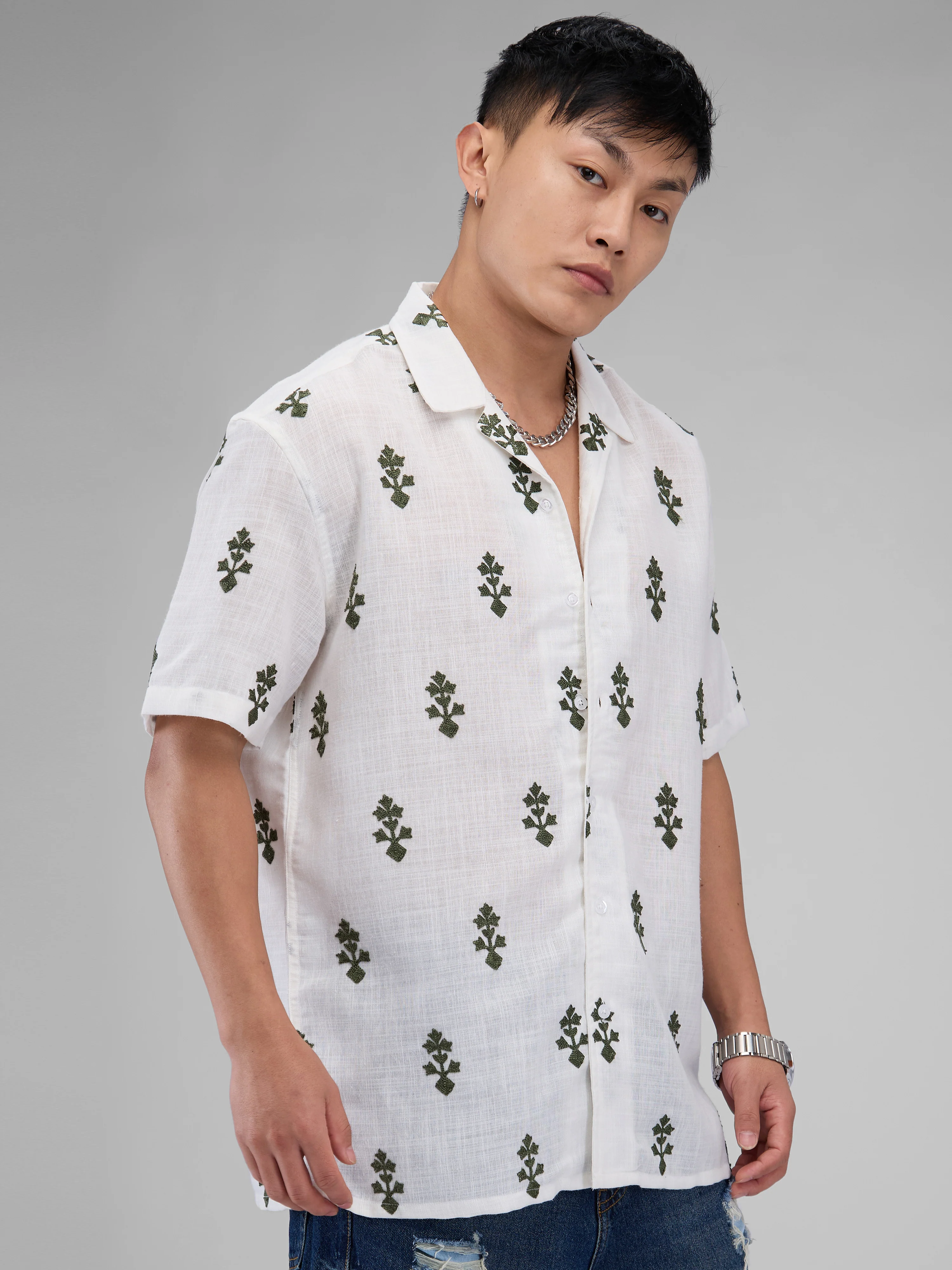White & Olive Embroidered Notch Collar Oversized Shirt - Image 6