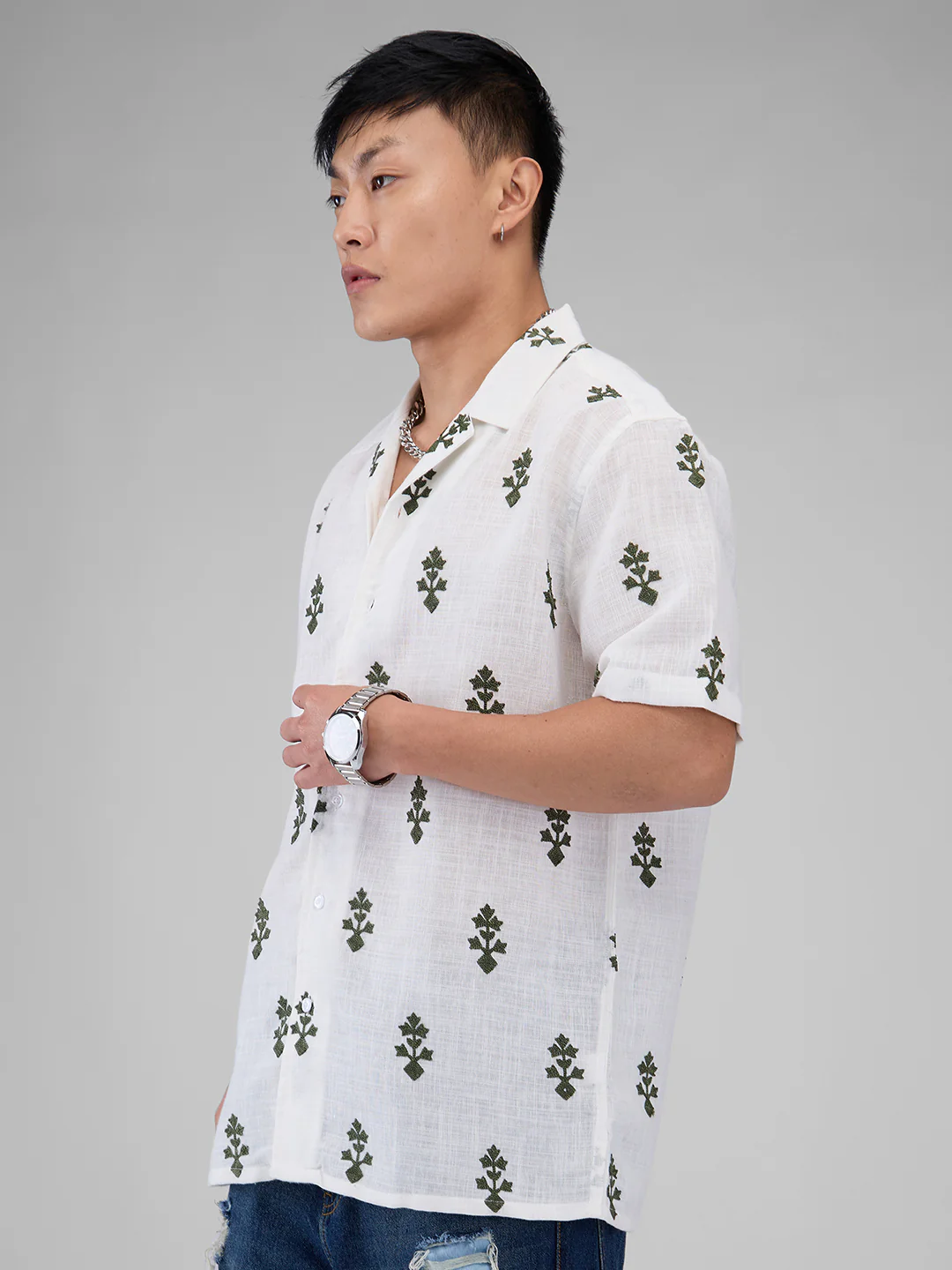 White & Olive Embroidered Notch Collar Oversized Shirt - Image 7