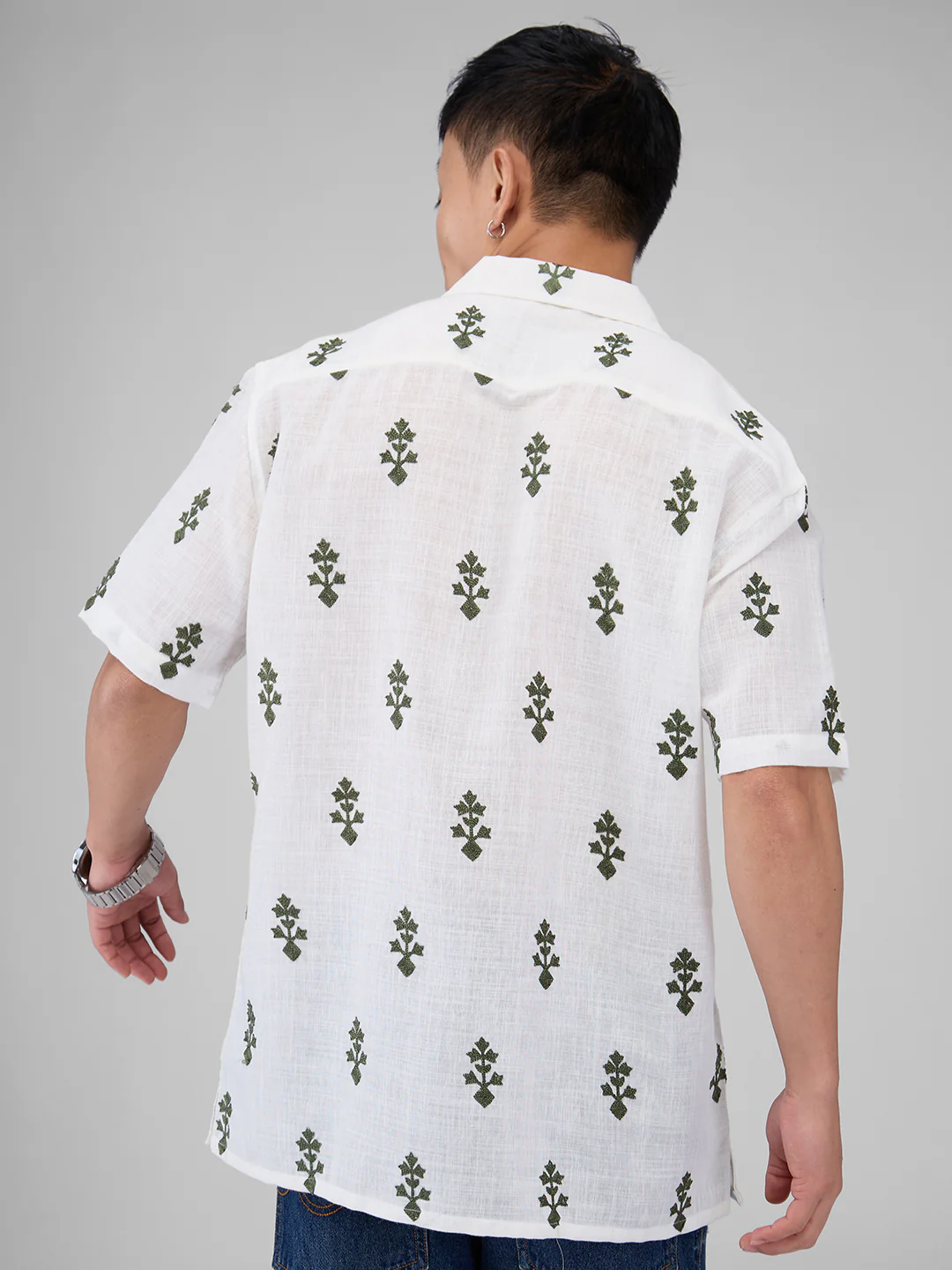 White & Olive Embroidered Notch Collar Oversized Shirt - Image 8