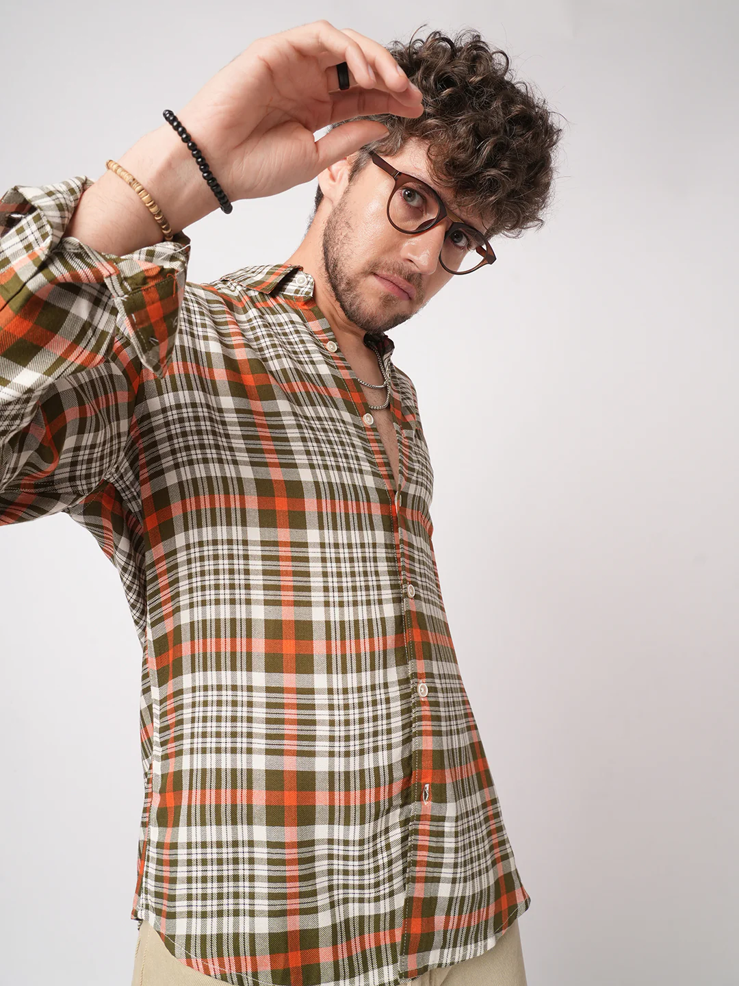 White & Olive Green Heritage Checks Shirt
