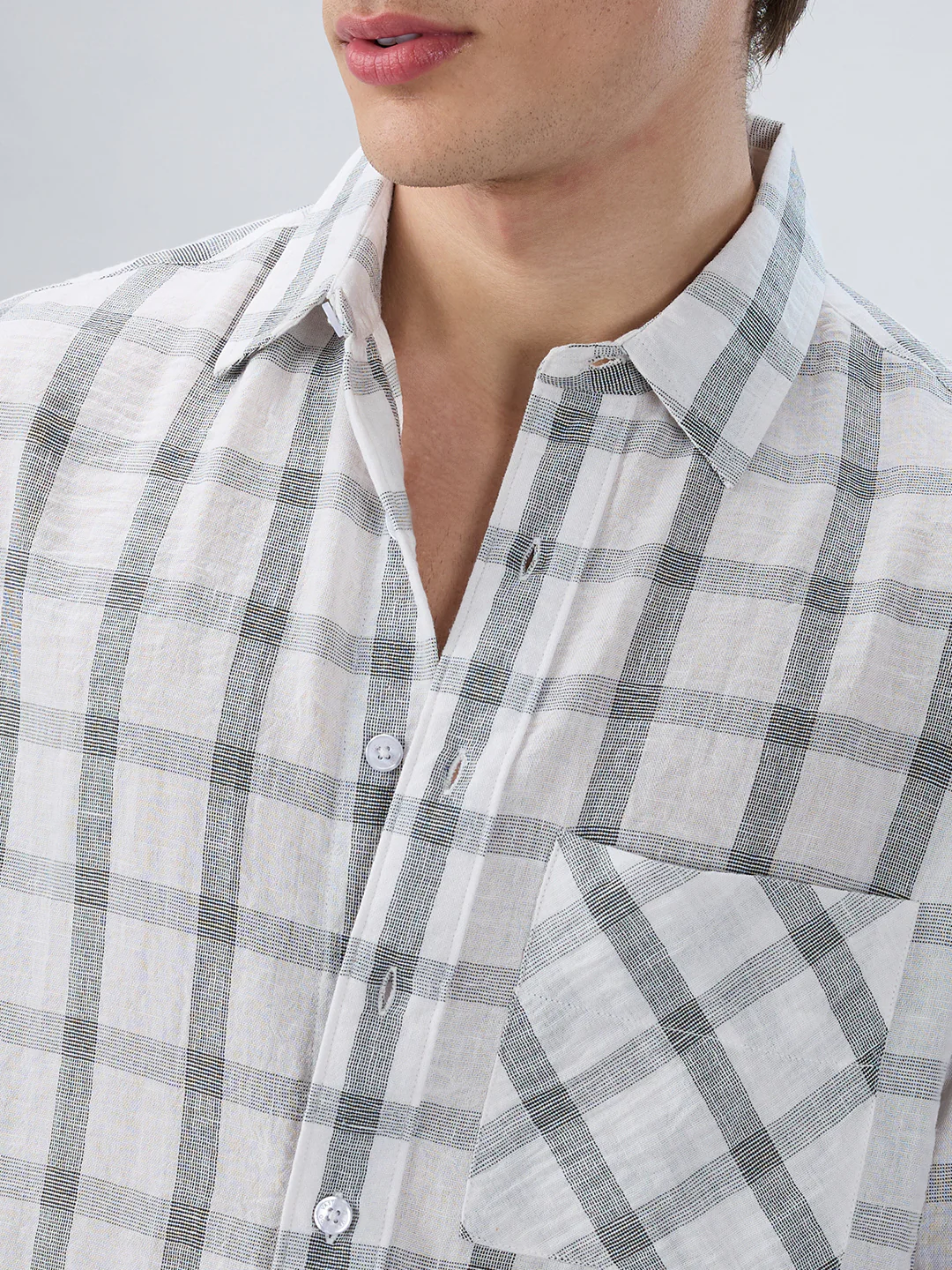 White & Olive Tartan Checkered Boxy Fit Crop Shirt - Image 3