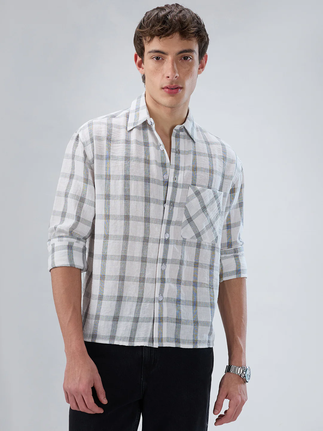 White & Olive Tartan Checkered Boxy Fit Crop Shirt - Image 5