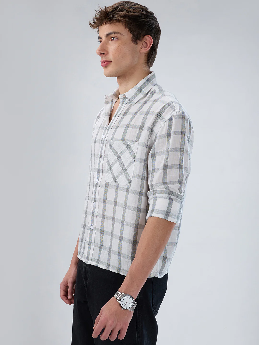 White & Olive Tartan Checkered Boxy Fit Crop Shirt - Image 6
