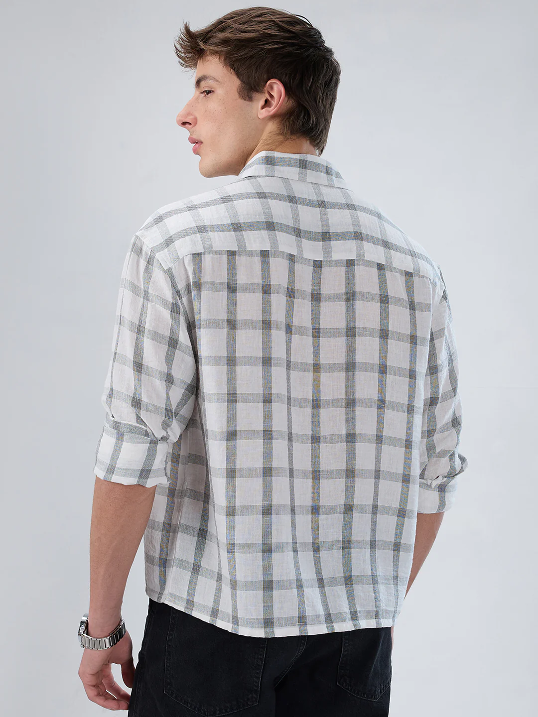 White & Olive Tartan Checkered Boxy Fit Crop Shirt - Image 7