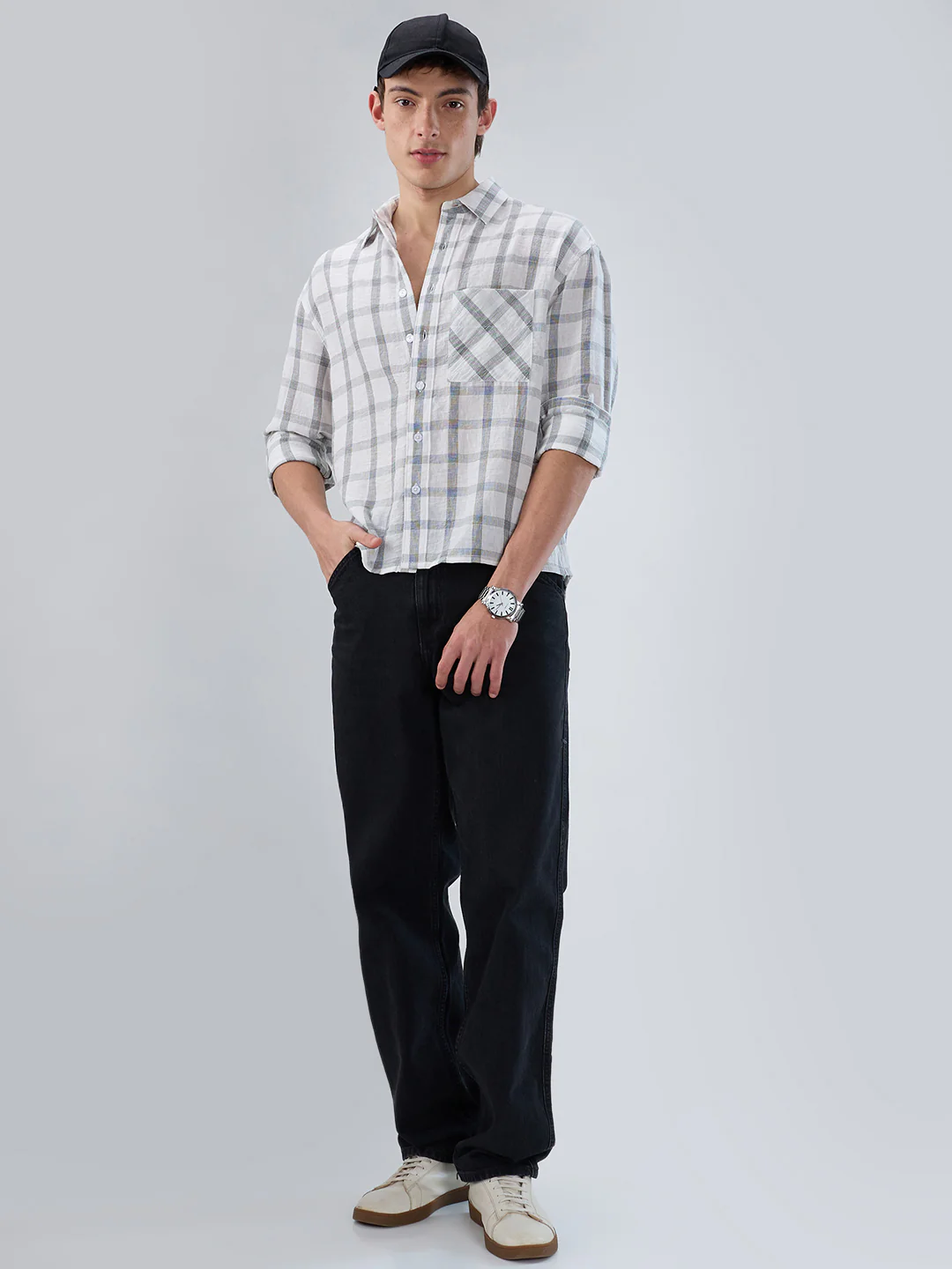 White & Olive Tartan Checkered Boxy Fit Crop Shirt - Image 8