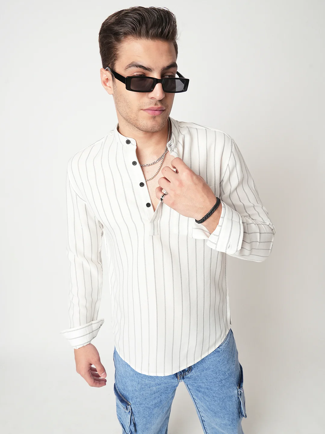 White Pencil Stripe Kurta - Image 2