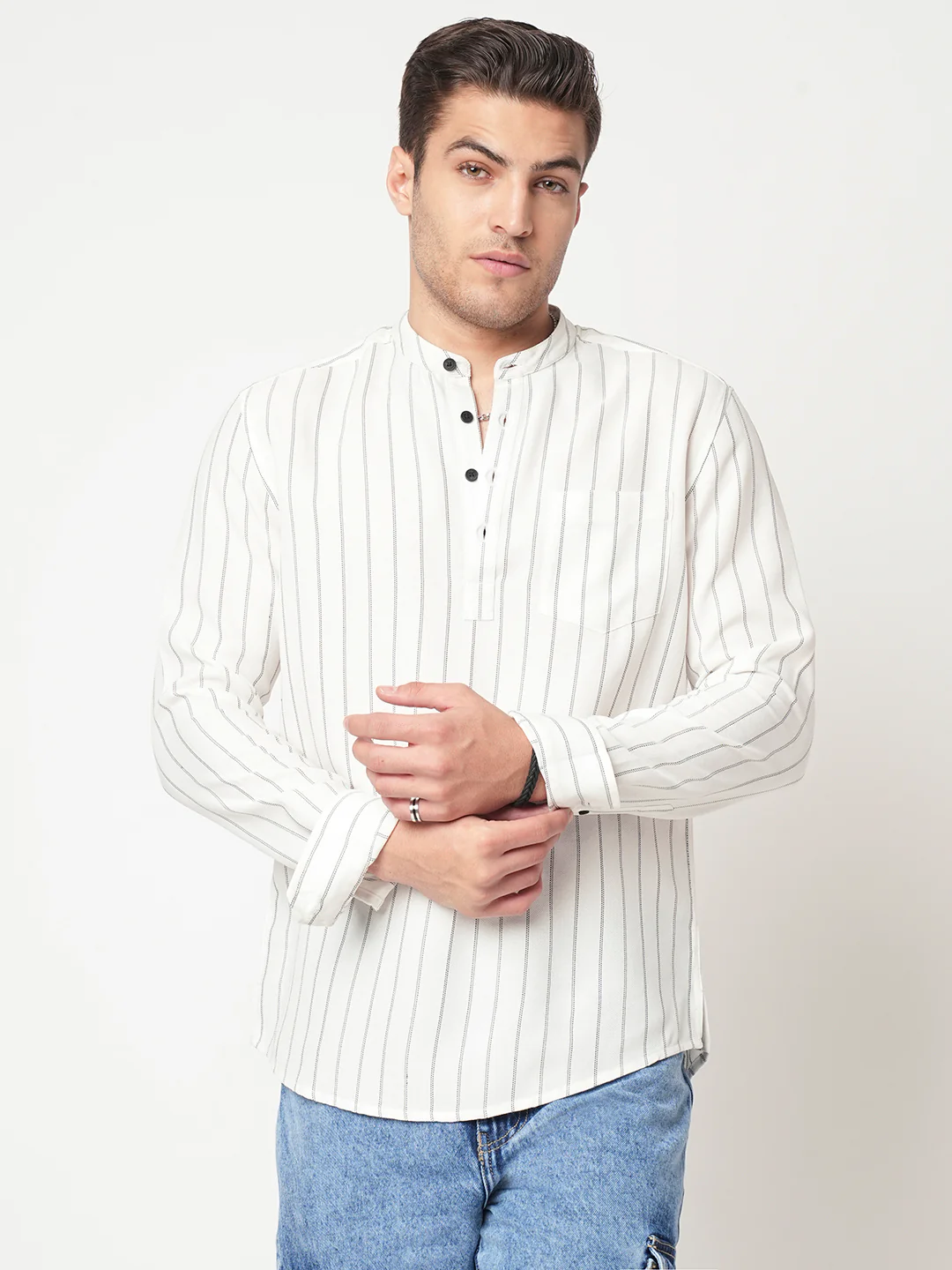 White Pencil Stripe Kurta - Image 4