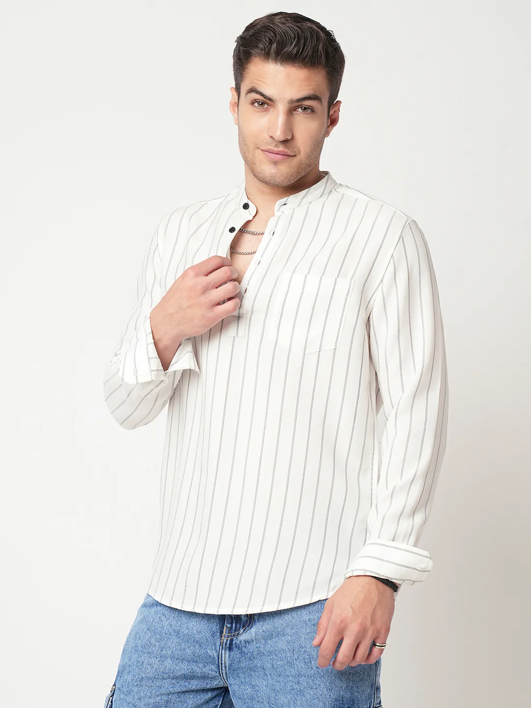 White Pencil Stripe Kurta - Image 5
