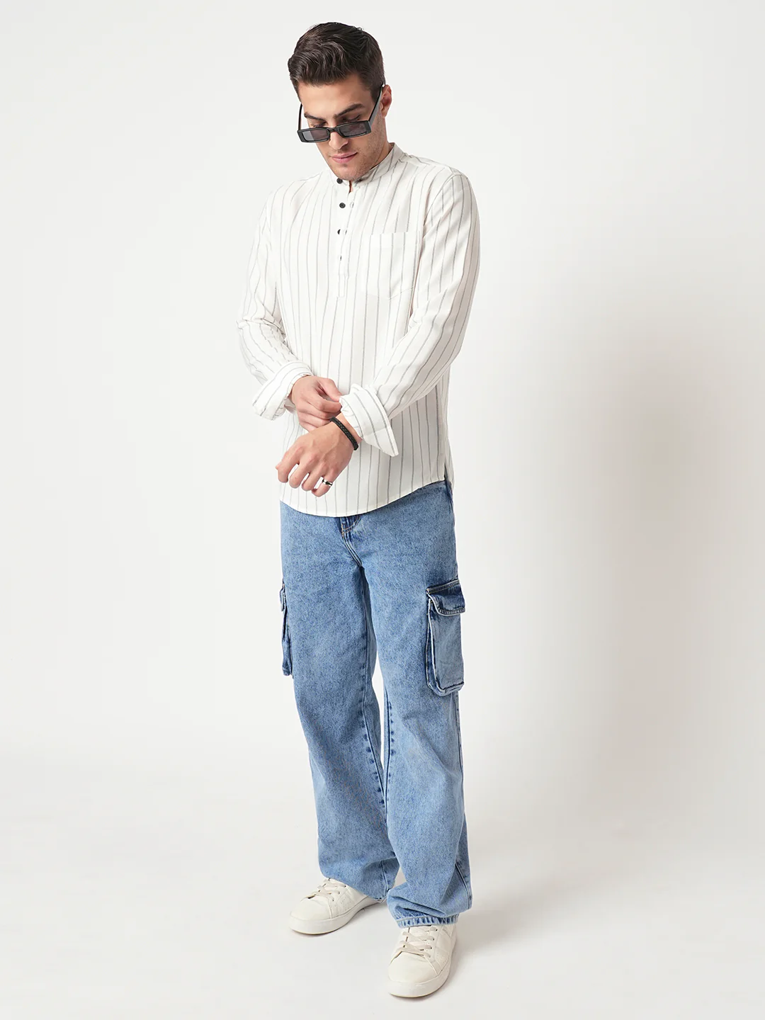 White Pencil Stripe Kurta - Image 7