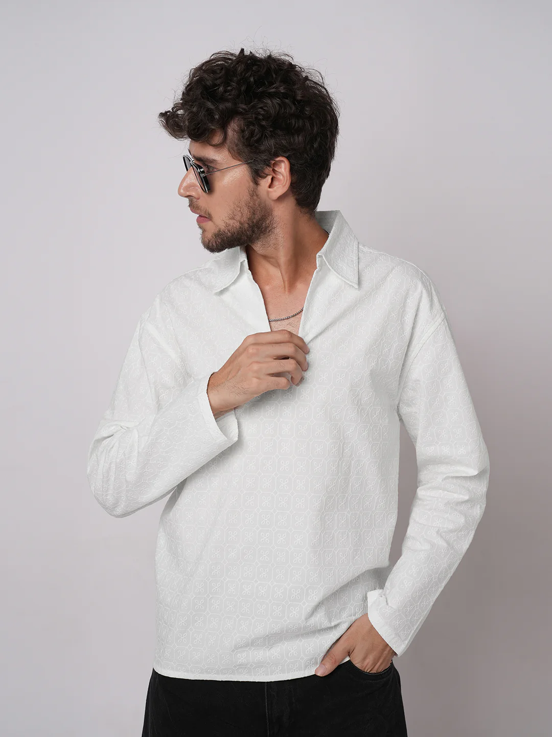 White Petal Grid Embroidered Oversized Polo Neck Shirt - Image 2