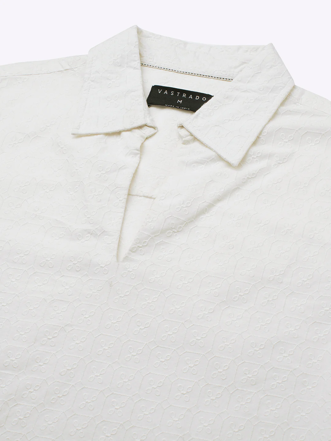 White Petal Grid Embroidered Oversized Polo Neck Shirt - Image 3