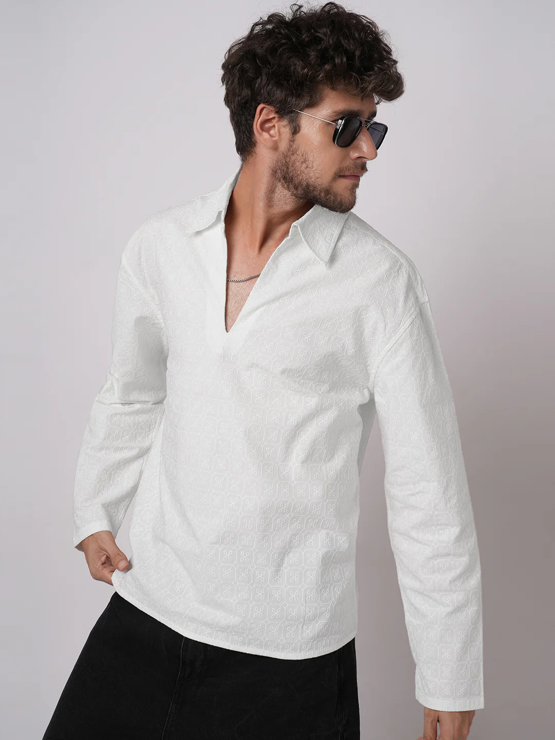 White Petal Grid Embroidered Oversized Polo Neck Shirt - Image 4