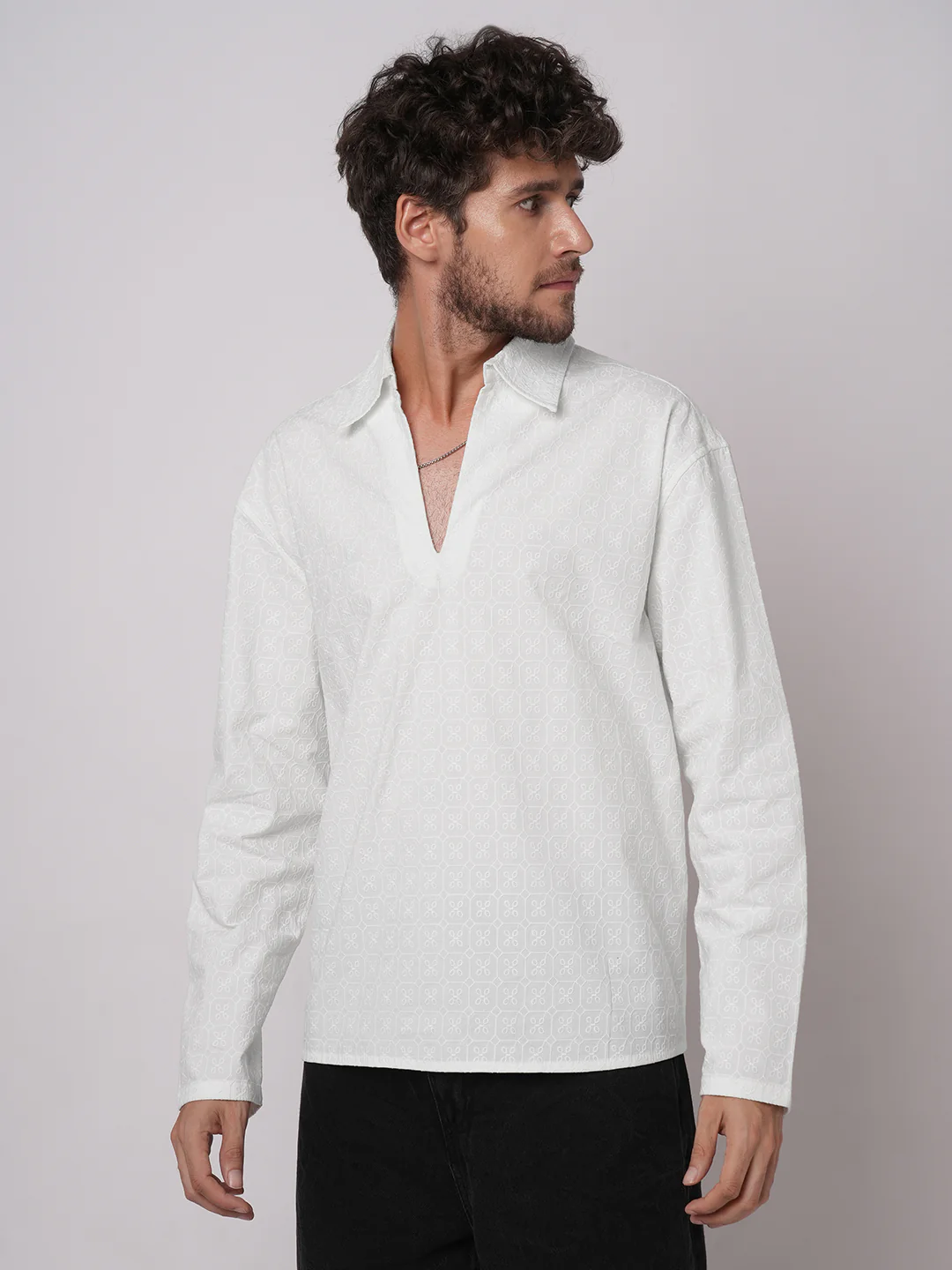 White Petal Grid Embroidered Oversized Polo Neck Shirt - Image 5