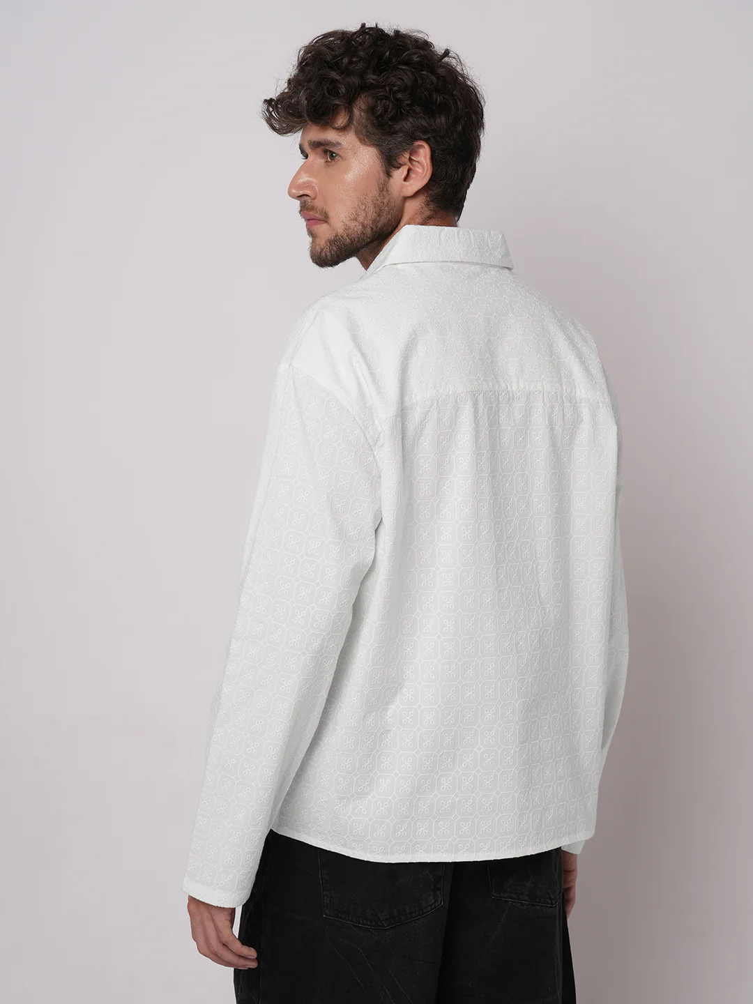 White Petal Grid Embroidered Oversized Polo Neck Shirt - Image 6