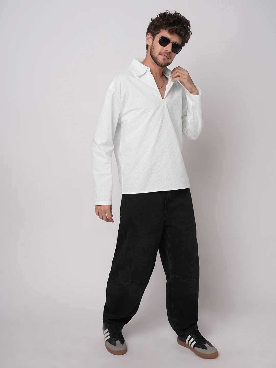White Petal Grid Embroidered Oversized Polo Neck Shirt - Image 7