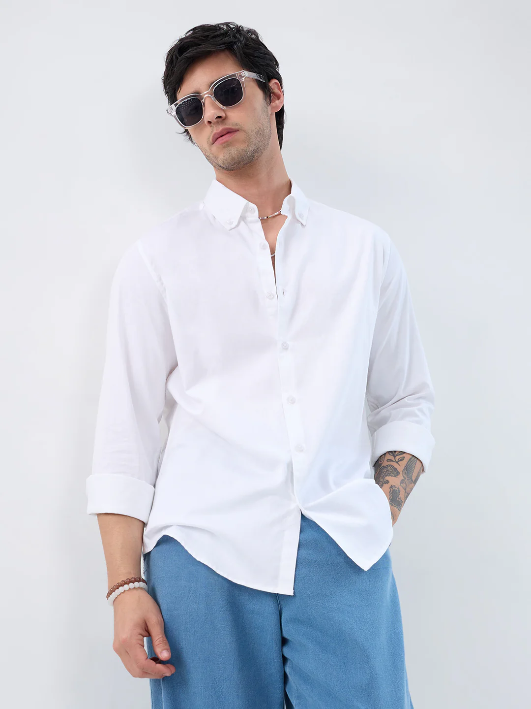 White Satin Button-Down Collar Business Shirt - Image 2